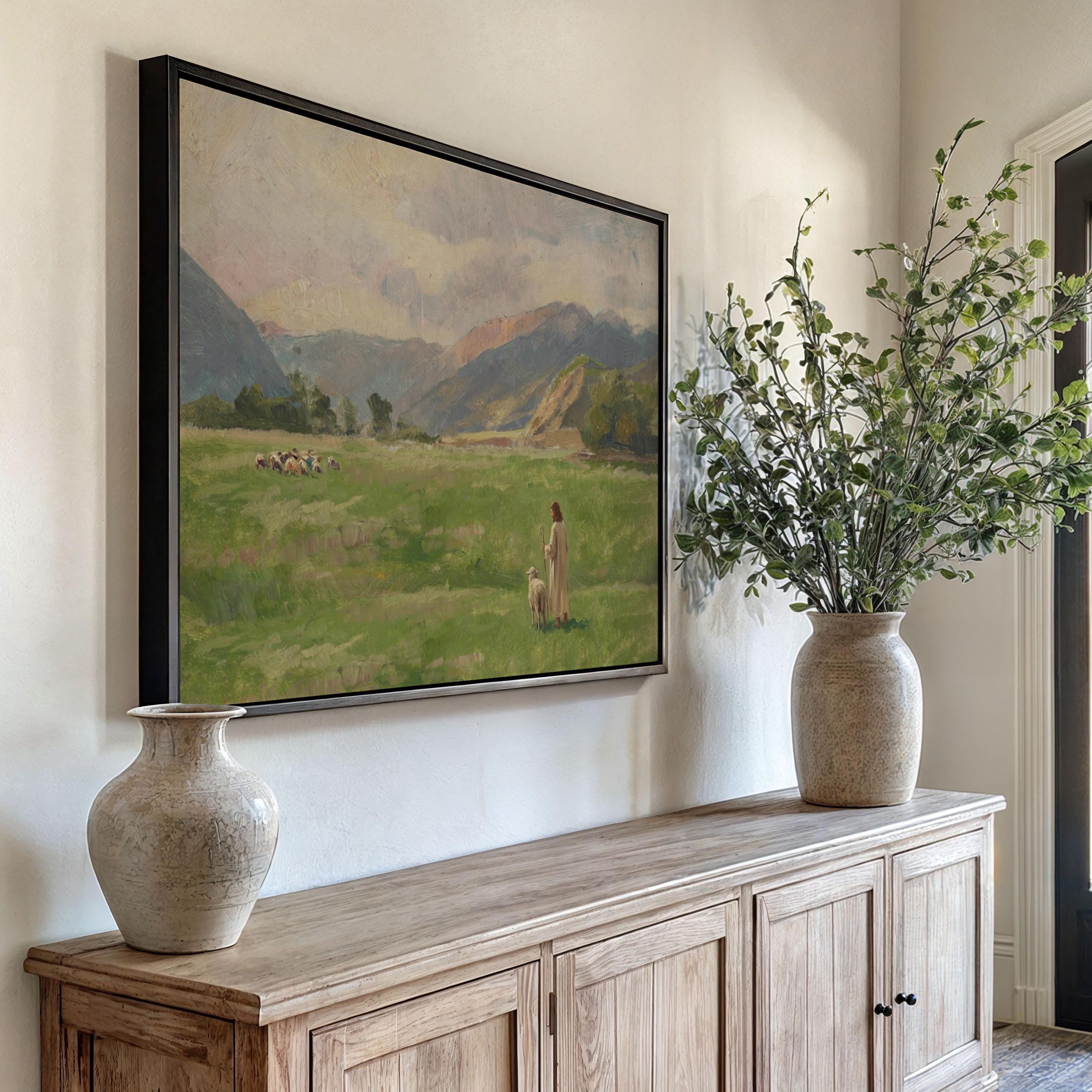 Lost Sheep Framed Canvas | Mountain Meadow Christian Wall Art Print | Neutral Christian Wall Art | Faith Gift | L0007