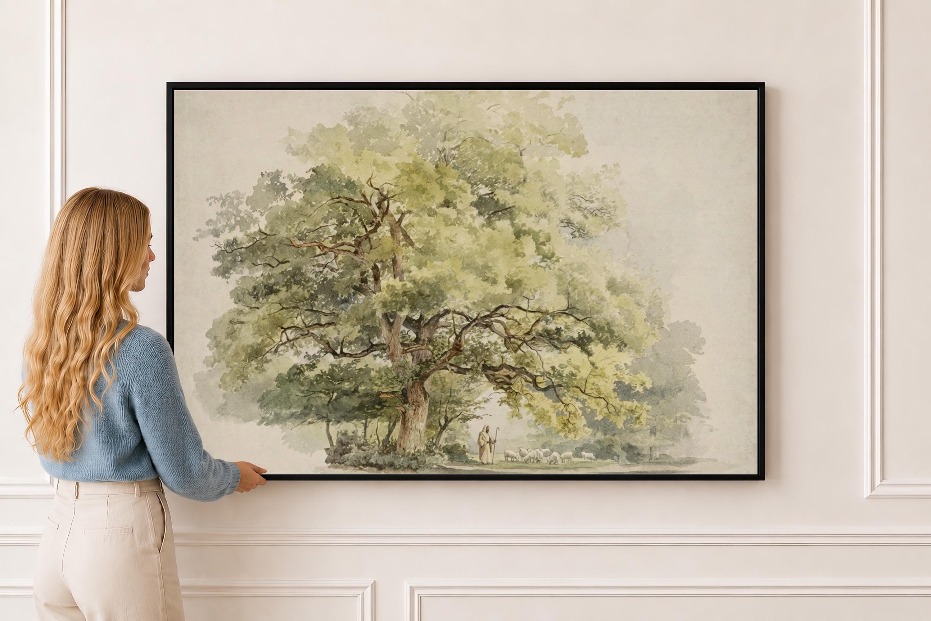 Psalm 23 Framed Canvas | Jesus with Sheep Oak Tree Christian Print | Watercolor Christian Wall Art | Faith Gift | S0015