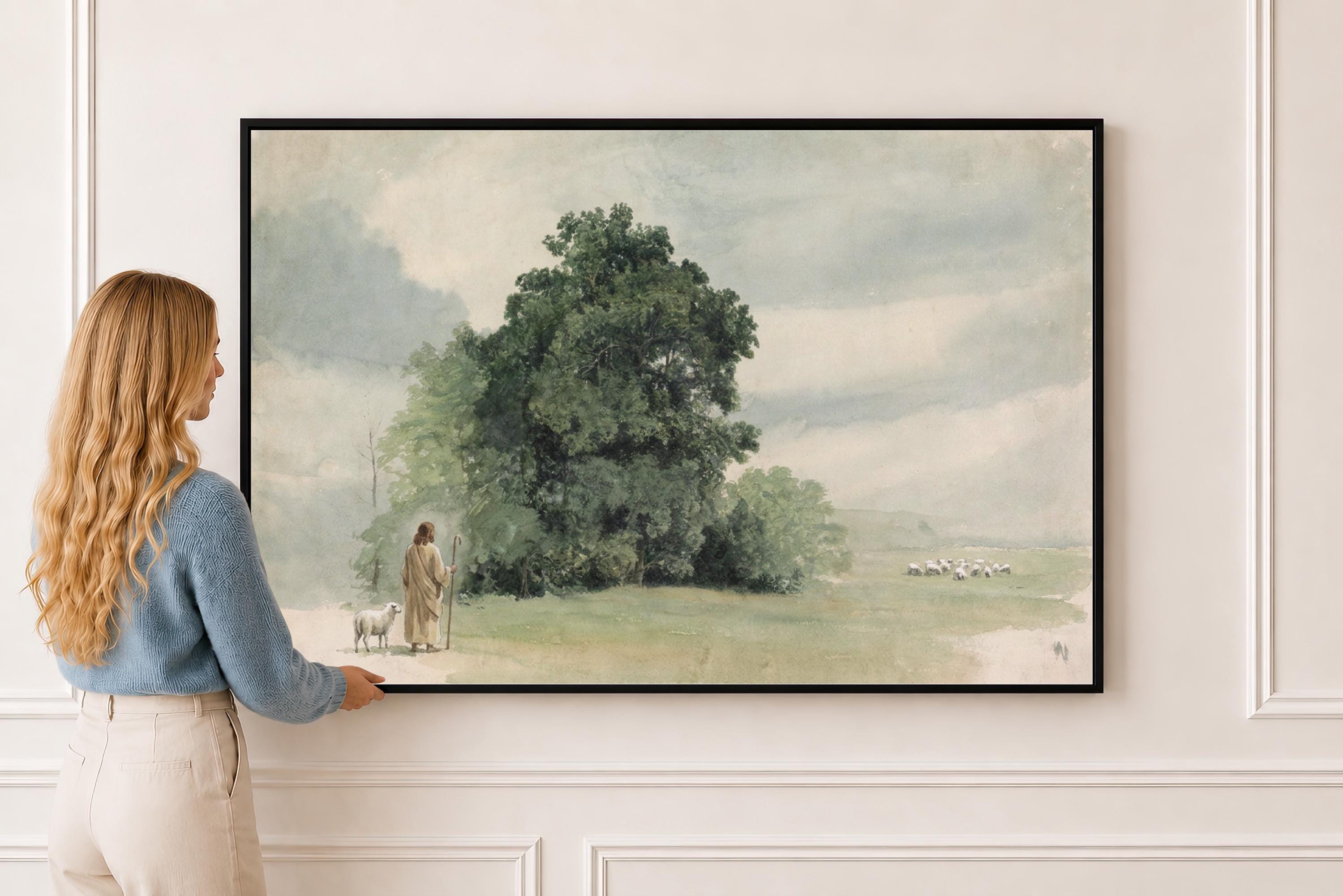 Lost Sheep Framed Canvas | Green Hill Trees Christian Wall Art Print | Vintage Christian Wall Art | Faith Gift | L0004