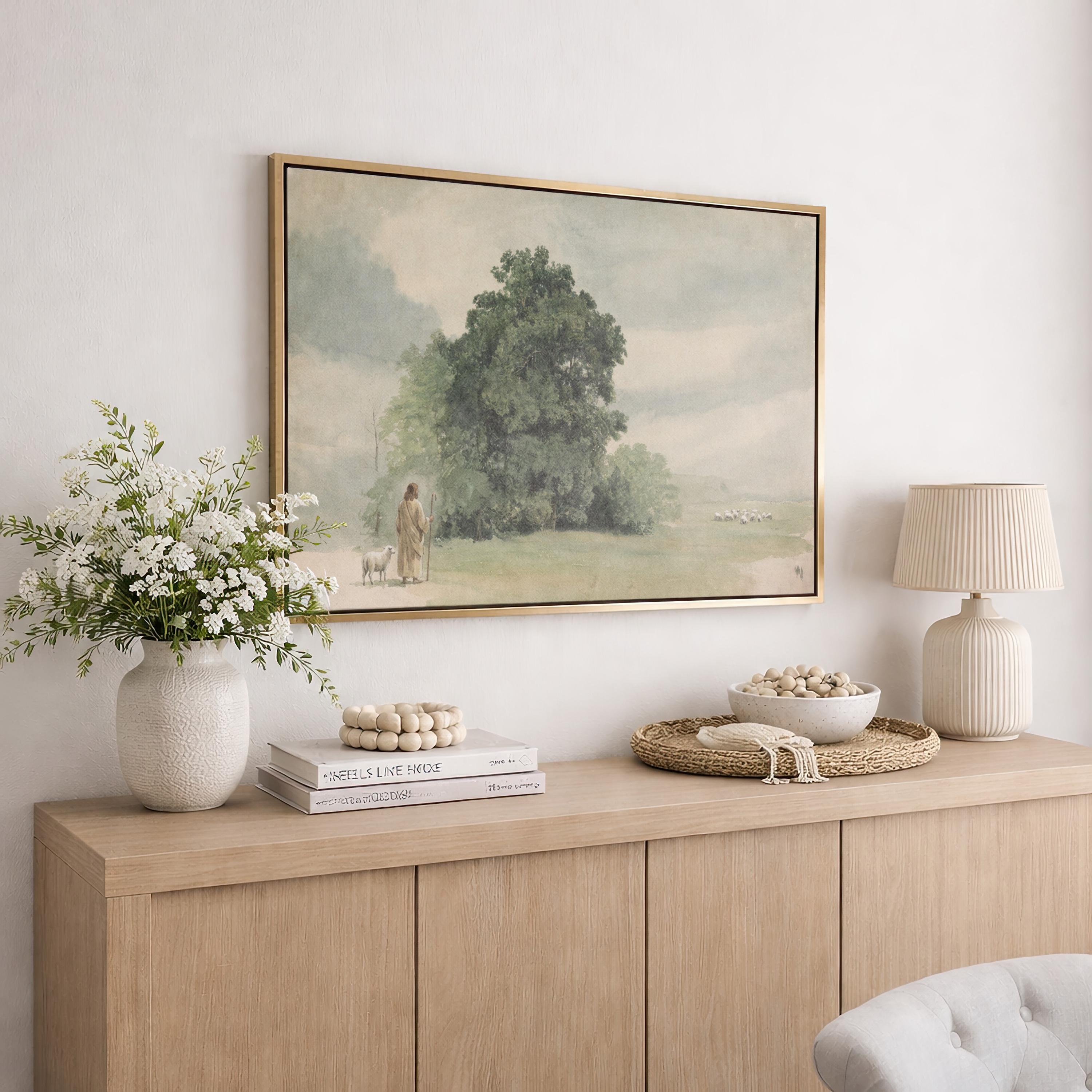 Lost Sheep Framed Canvas | Green Hill Trees Christian Wall Art Print | Vintage Christian Wall Art | Faith Gift | L0004