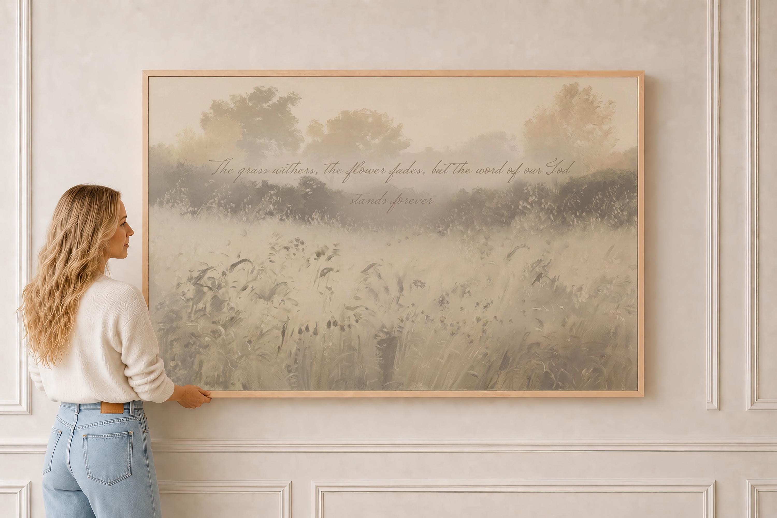 Isaiah 40:8 Canvas | Muted Meadow Christian Decor | Neutral Christian Wall Art | Faith Gift | T0010