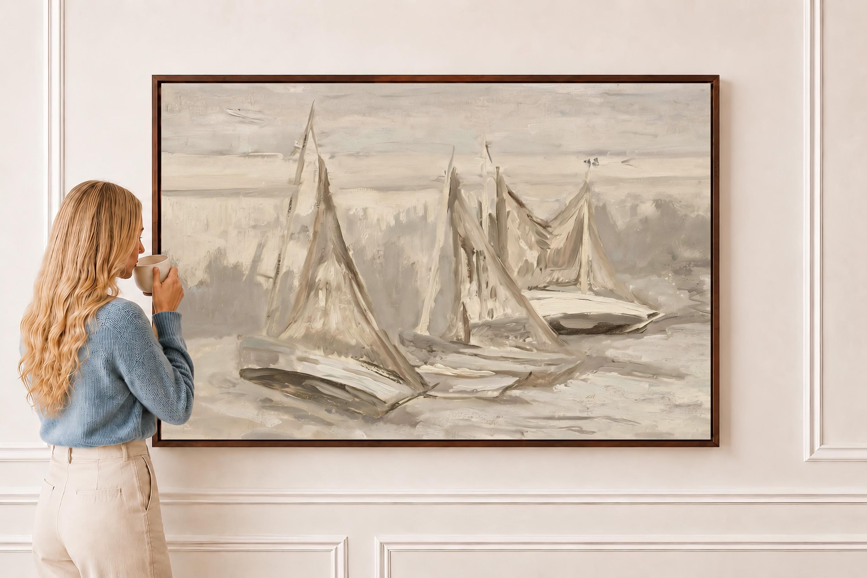 Neutral Sailboat Wall Art, Minimal Coastal Painting, Beige Nautical Canvas Print, Serene Ocean Artwork, Modern Beach House Decor