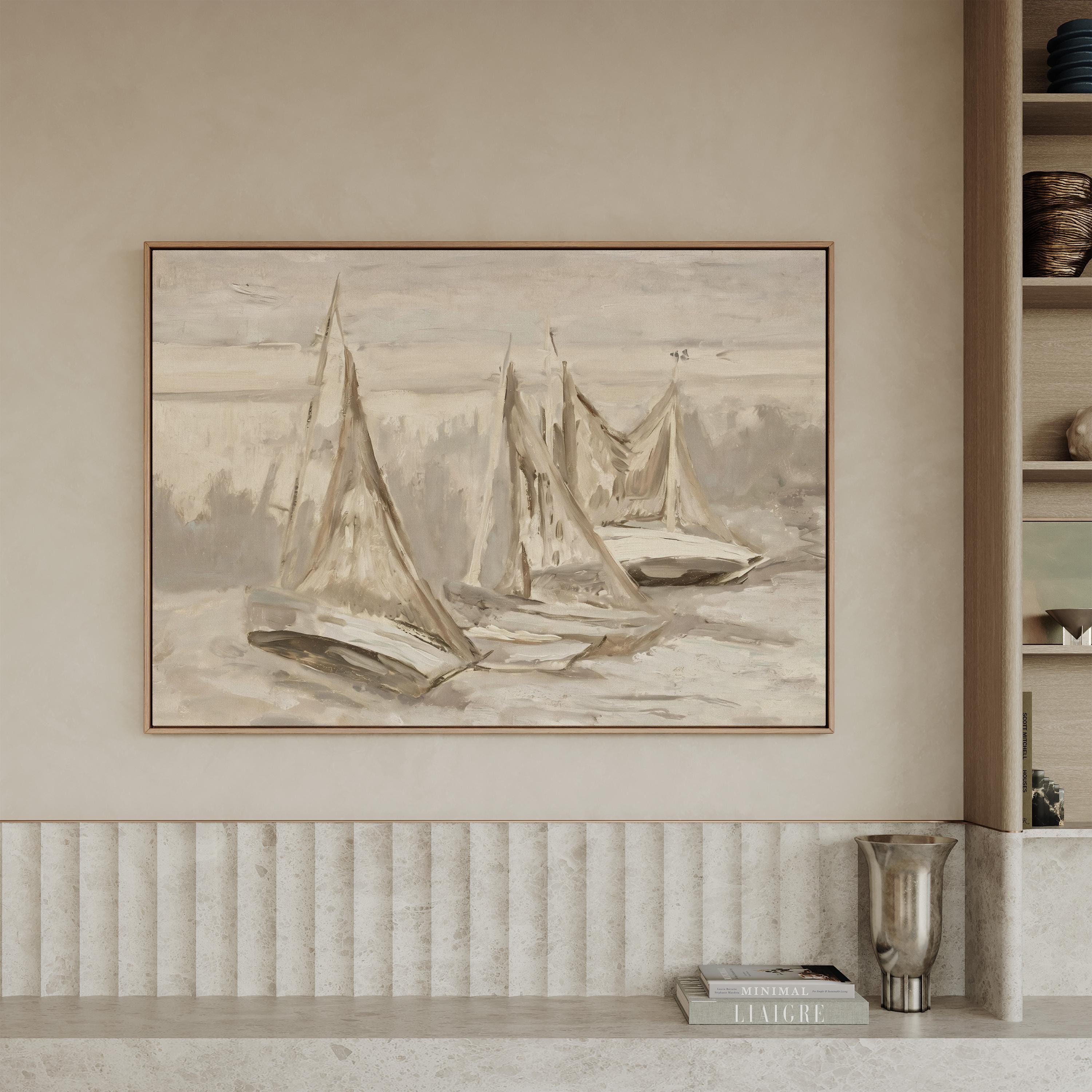 Neutral Sailboat Wall Art, Minimal Coastal Painting, Beige Nautical Canvas Print, Serene Ocean Artwork, Modern Beach House Decor