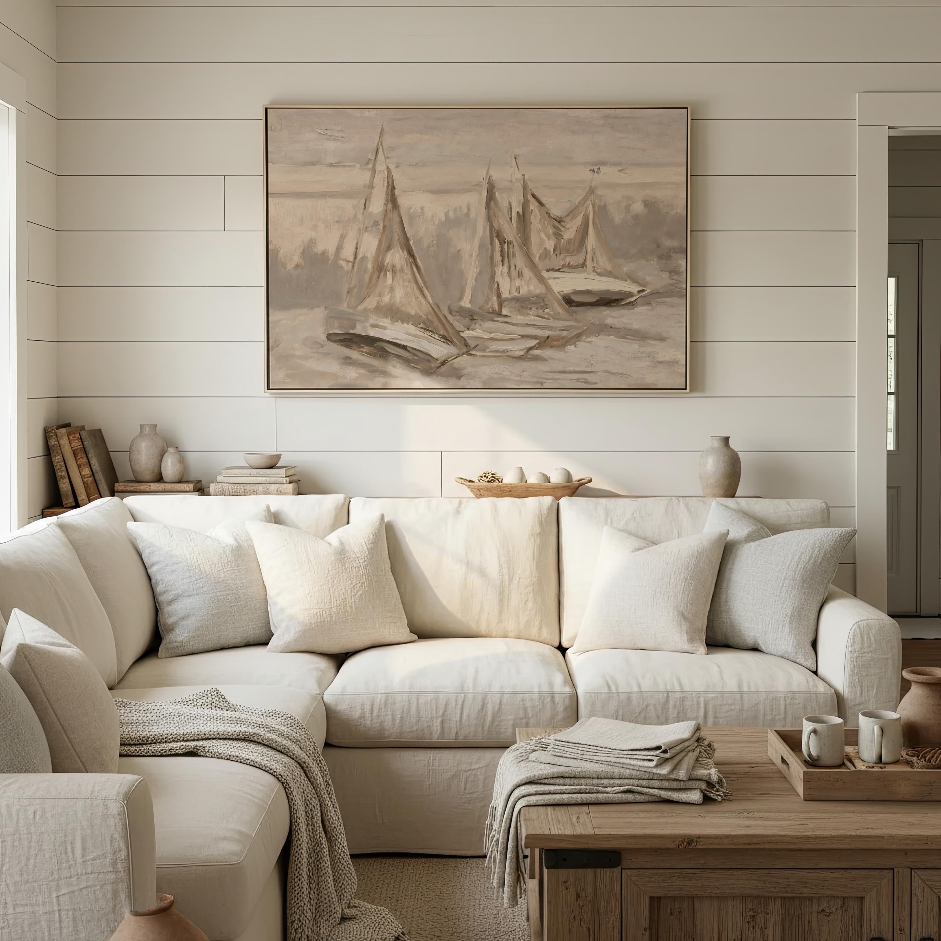 Neutral Sailboat Wall Art, Minimal Coastal Painting, Beige Nautical Canvas Print, Serene Ocean Artwork, Modern Beach House Decor