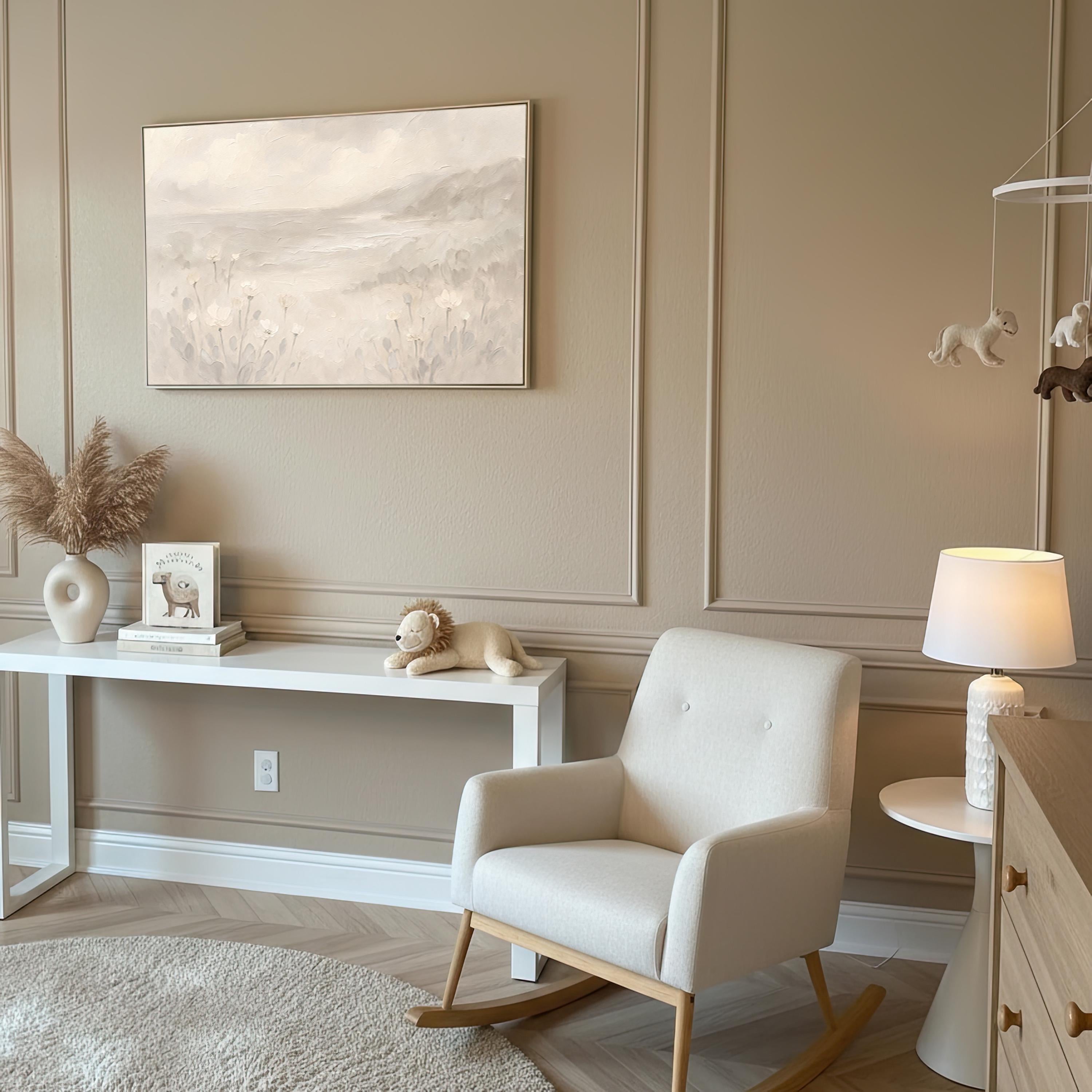 Soft Coastal Landscape Wall Art | Grey Beige Wildflower Print | Neutral Cottage Nursery Decor