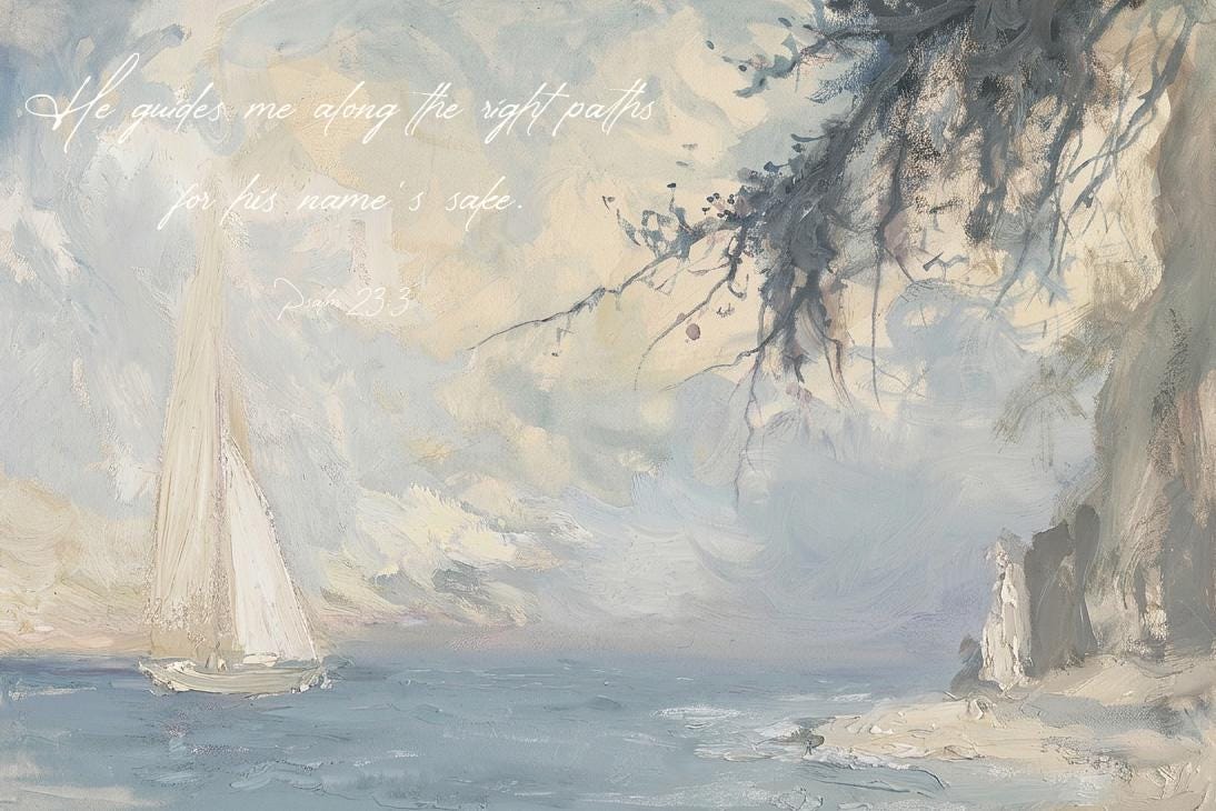 Psalm 23:3 Wall Art Print | Coastal Sailboat Painting | Neutral Ocean Wall Decor | Bible Verse Artwork | Christian Home Decor | W0108