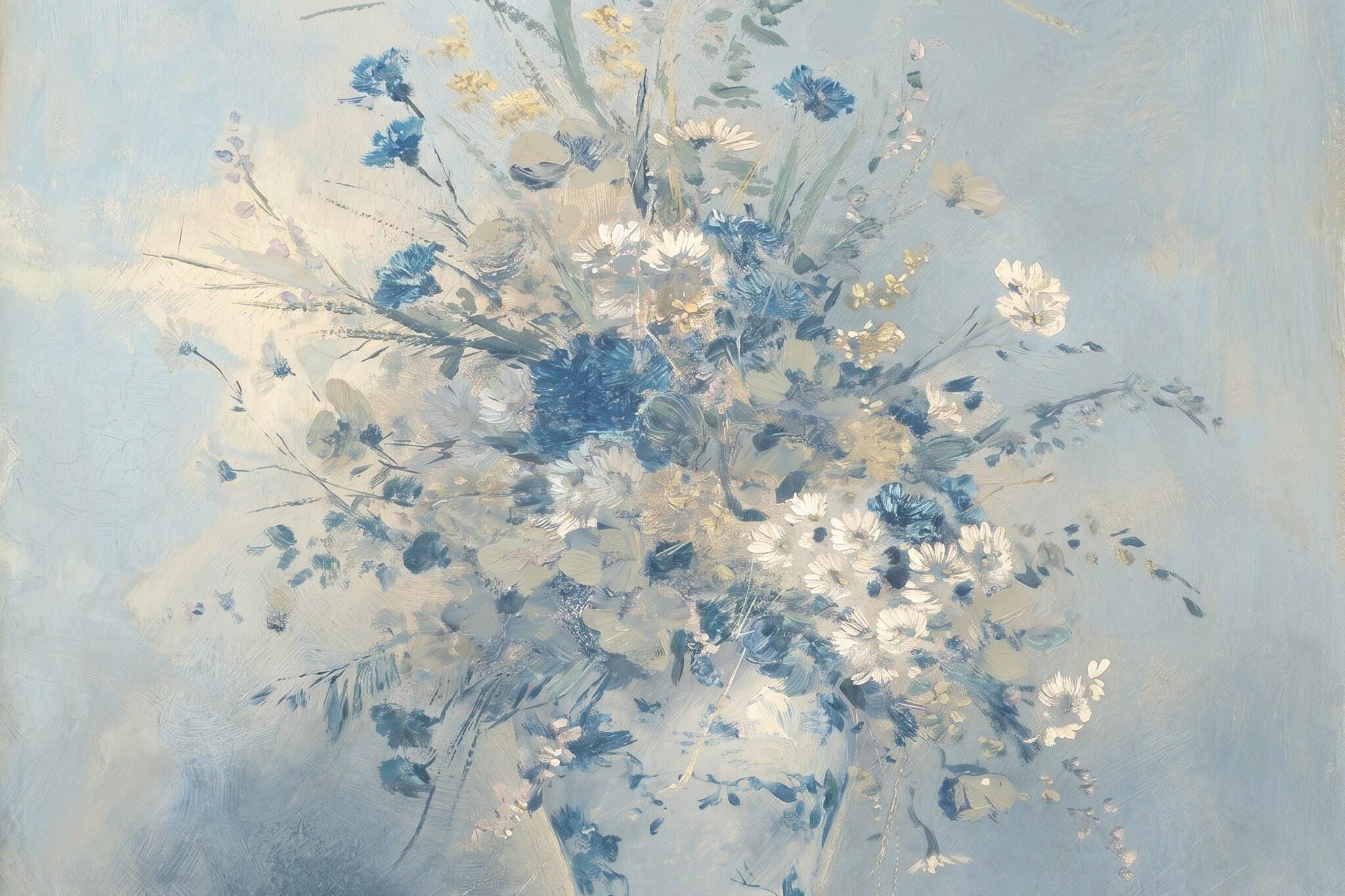 Blue Wildflower Painting Print | Soft Floral Bouquet Wall Art | Powder Blue Botanical Decor | Vintage Flower Painting | P0027