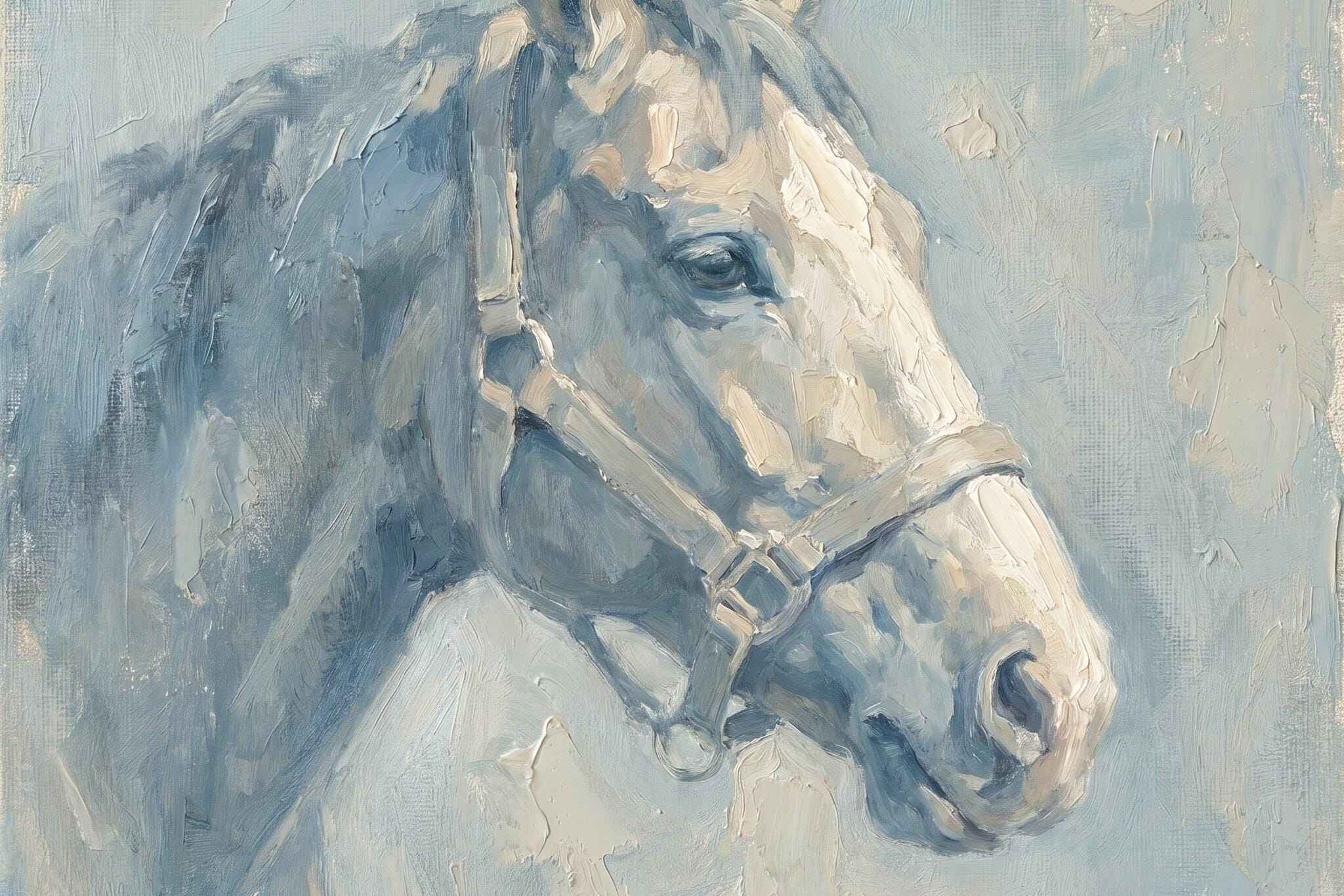 Vintage Horse Oil Painting Wall Art | Moody Equestrian Canvas Print | Antique Blue Grey Horse Portrait Decor | P0039