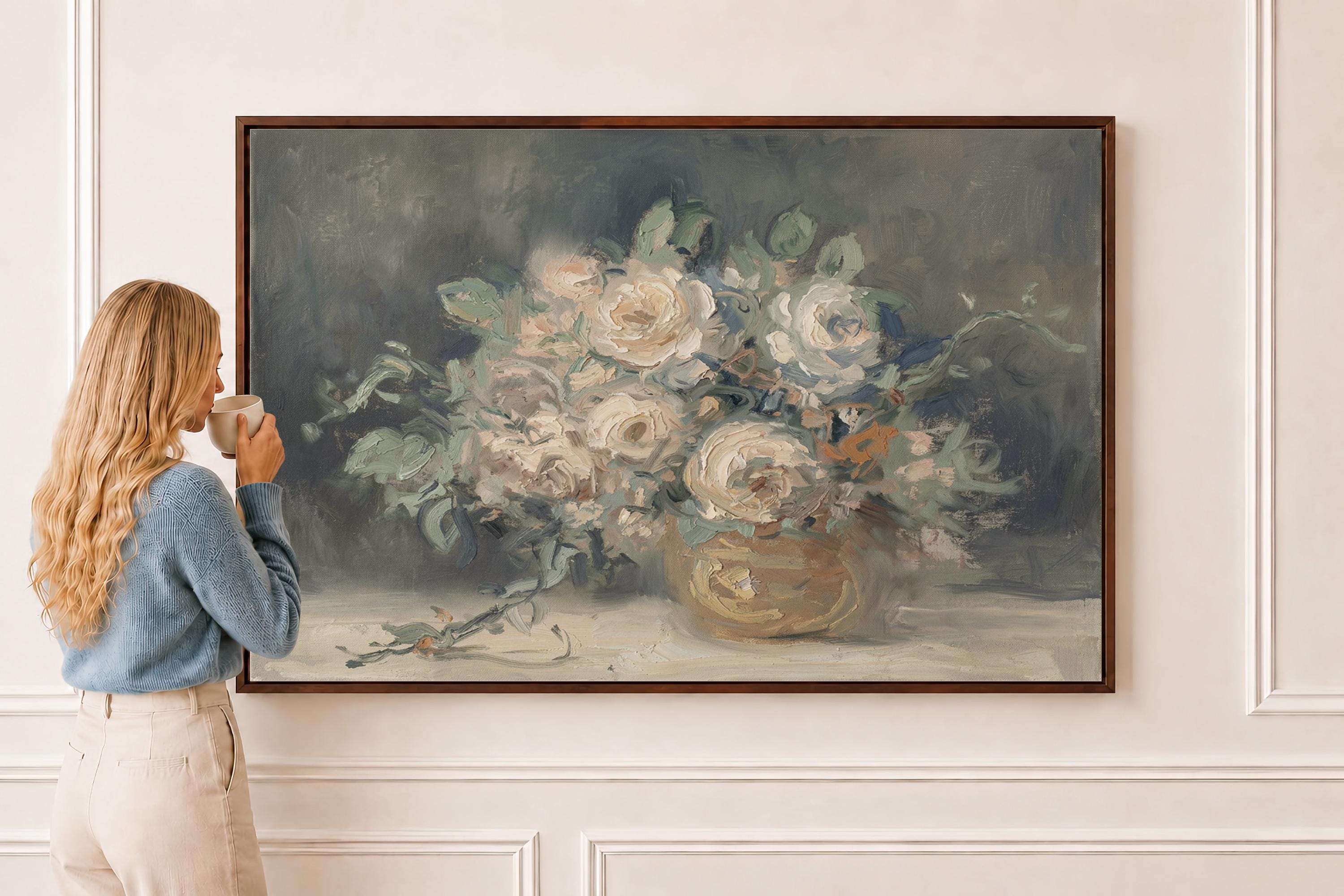 Vintage Floral Oil Wall Art | Moody Neutral Bouquet Painting | Antique Cream Rose Still Life Print | A0012