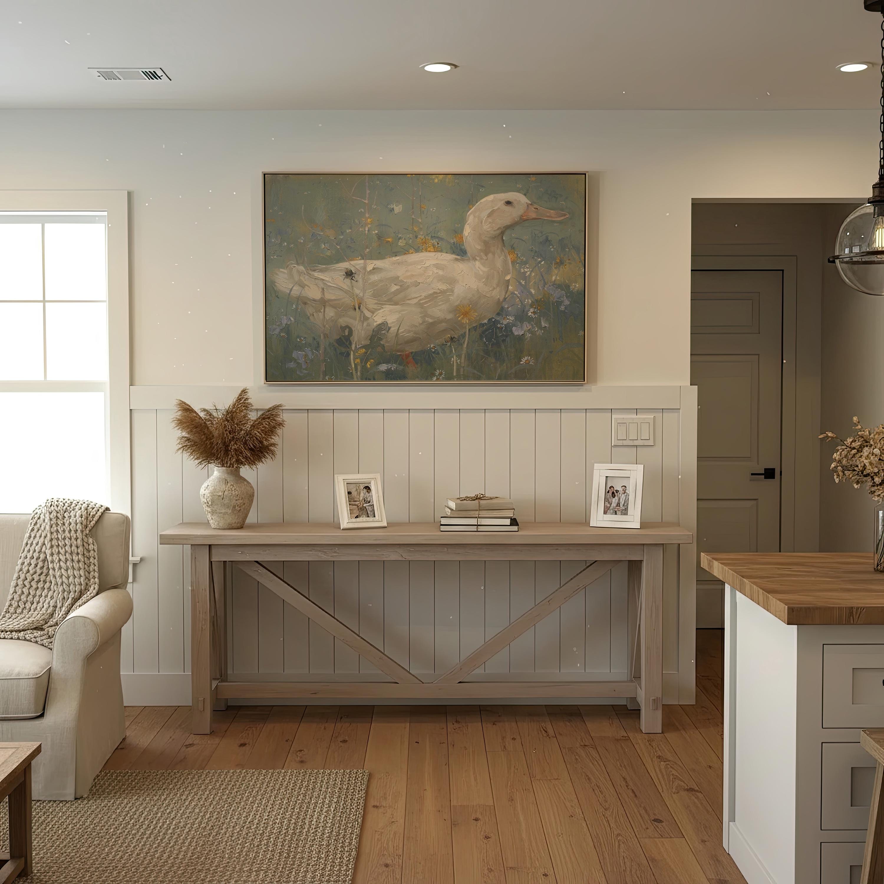Soft Sage Duck Wall Art | Vintage Cottage Farm Painting | Neutral Country Canvas Print | A0023