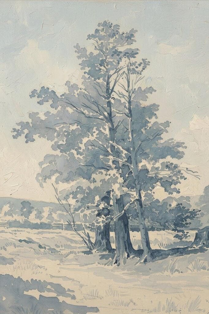 Soft Blue Landscape Print | Neutral Cottage Wall Art | Vintage Nature Painting | Home Decor | Y0004