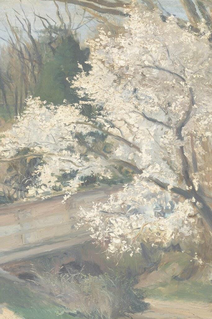 White Blossom Tree Print | Vintage Landscape Wall Art | Soft Neutral Cottage Decor | Impressionist Nature Painting | Y0003