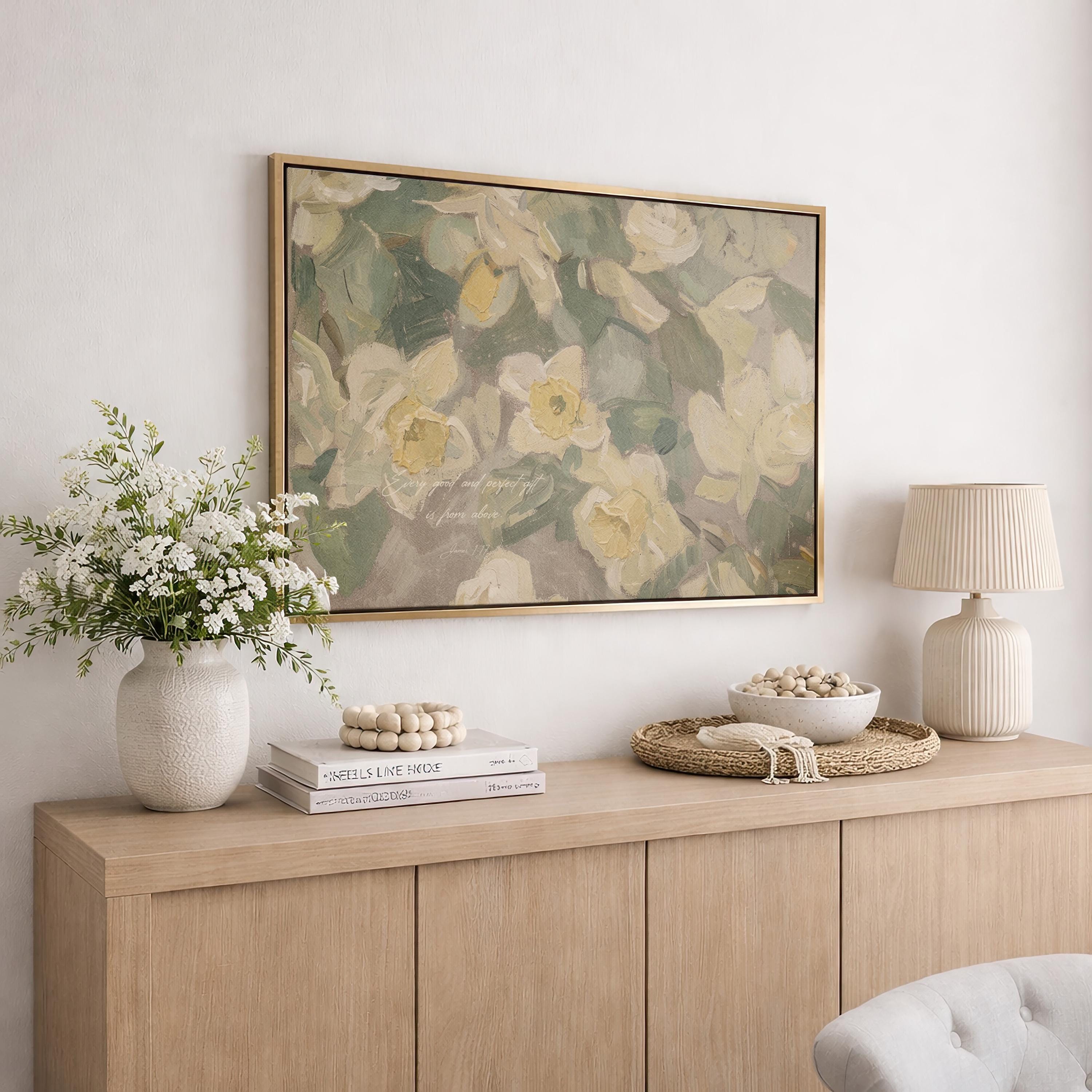 Daffodil Wall Art Print | James 1:17 Bible Verse Print | Neutral Floral Wall Decor | Soft Botanical Artwork | Christian Home Decor | W0064