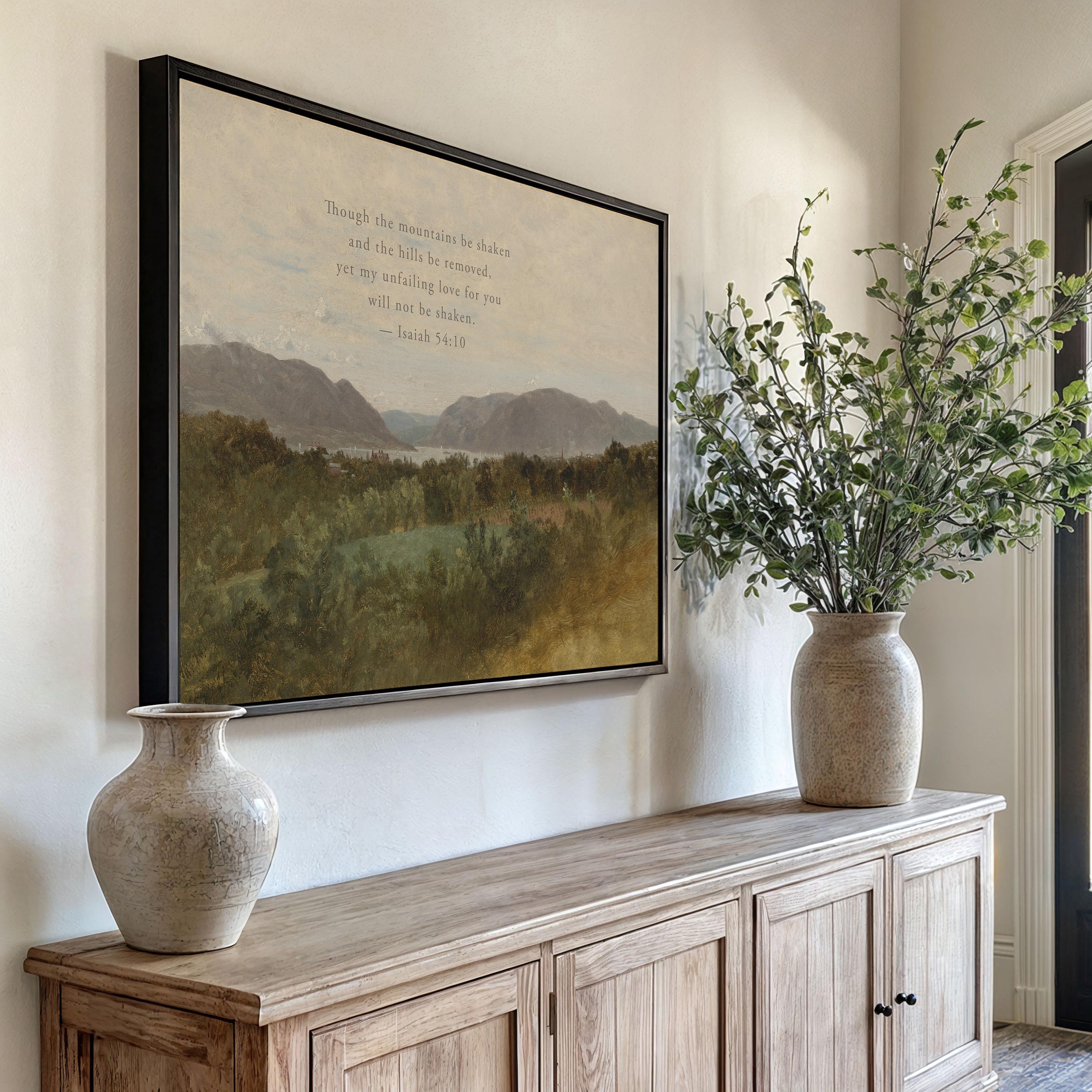Isaiah 54:10 Wall Art | Though the Mountains Be Shaken Christian Landscape Canvas | Neutral Farmhouse Scripture Decor