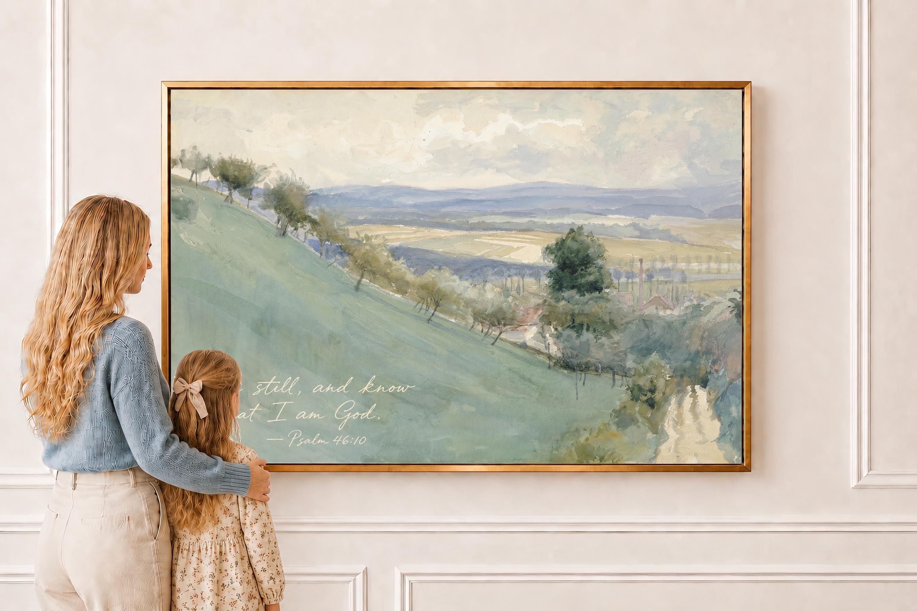 Quiet Hills Wall Art Print | Psalm 46:10 Scripture Artwork | Neutral Landscape Decor | Christian Home Decor | W0141