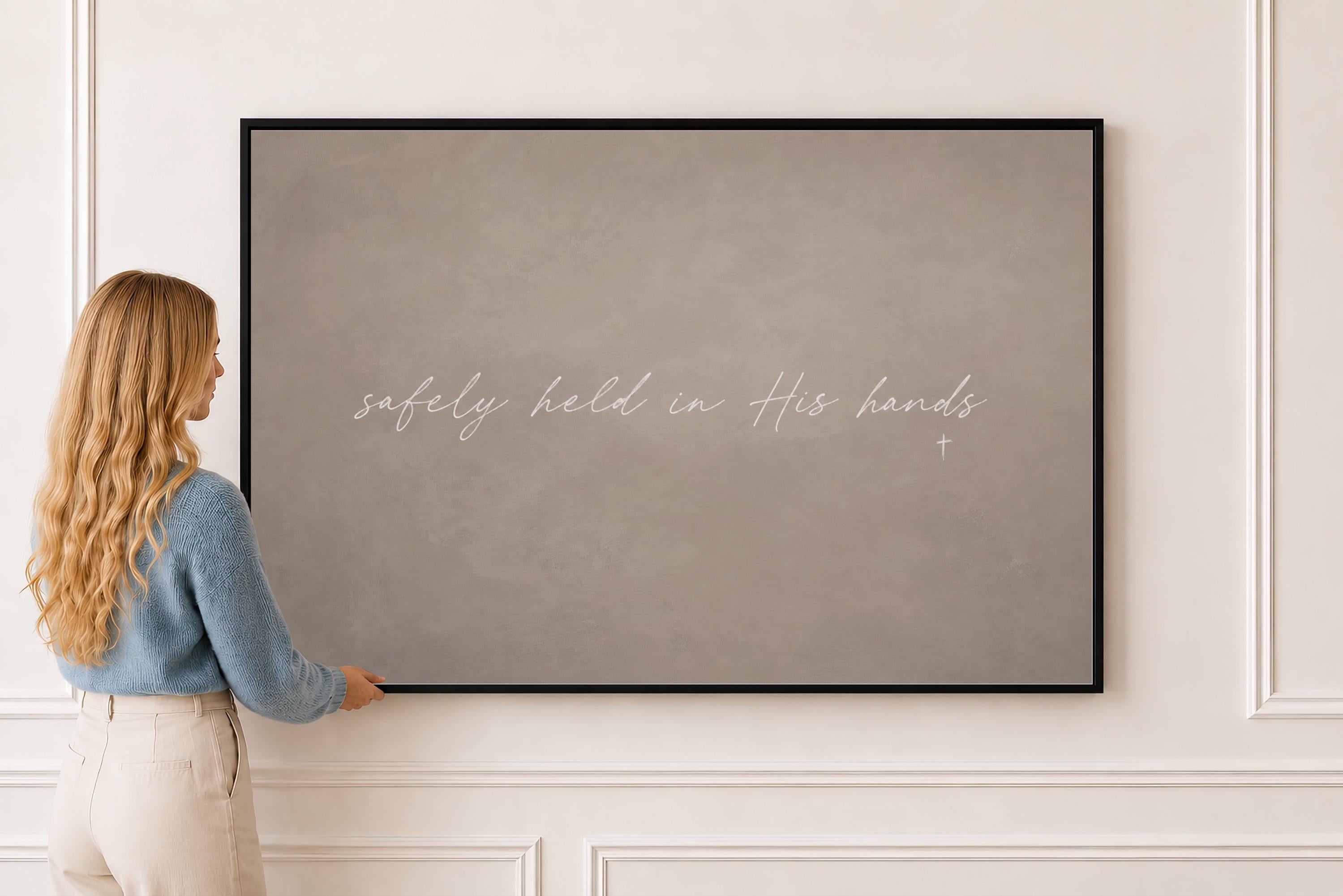 In His Hands Canvas | Safely Held in His Hands Framed Canvas Christian Wall Art | Faith Gift for Her | C0002
