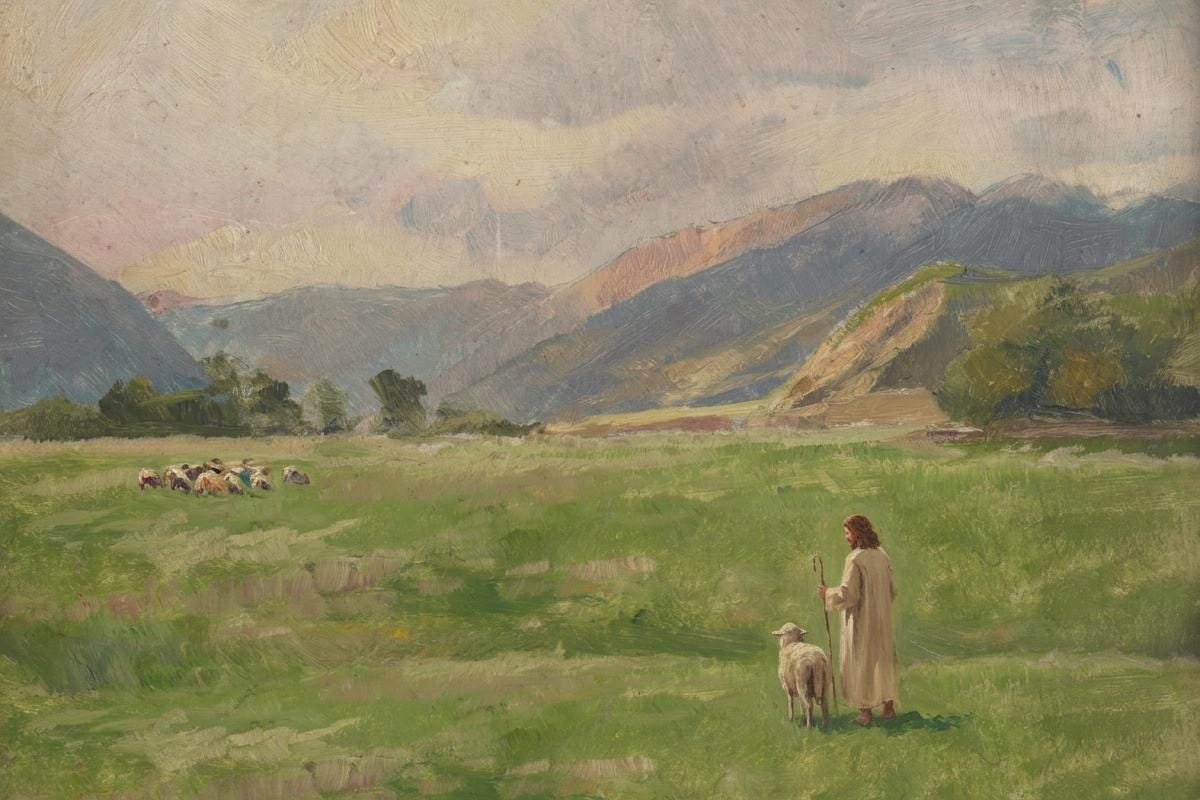 Lost Sheep Framed Canvas | Mountain Meadow Christian Wall Art Print | Neutral Christian Wall Art | Faith Gift | L0007