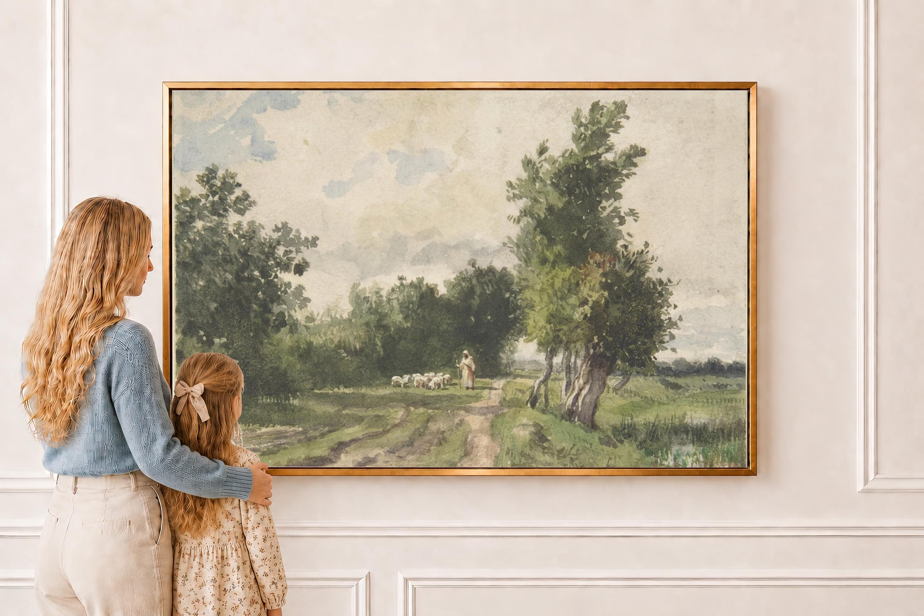 Psalm 23 Framed Canvas | Country Path Jesus with Sheep Christian Print | Vintage Christian Wall Art | Faith Gift | S0002