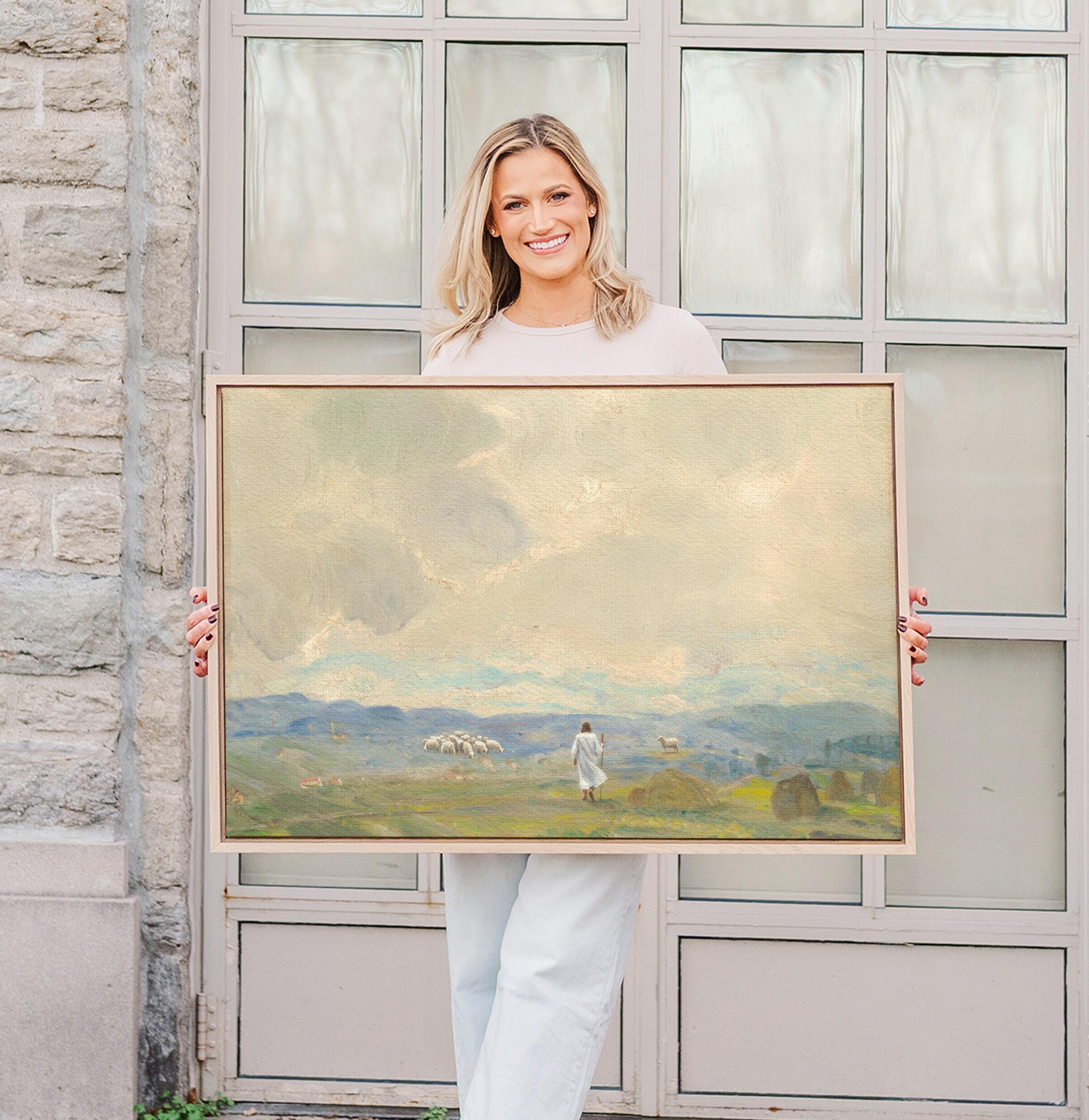 Lost Sheep Framed Canvas | Haystacks Blue Hills Christian Wall Art Print | Vintage Christian Wall Art | Faith Gift | L0005