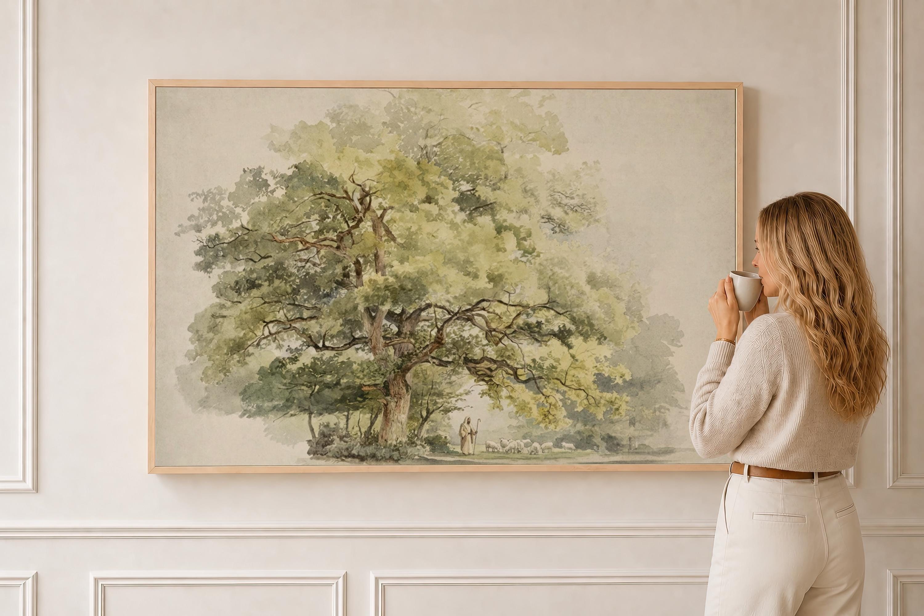 Psalm 23 Framed Canvas | Jesus with Sheep Oak Tree Christian Print | Watercolor Christian Wall Art | Faith Gift | S0015