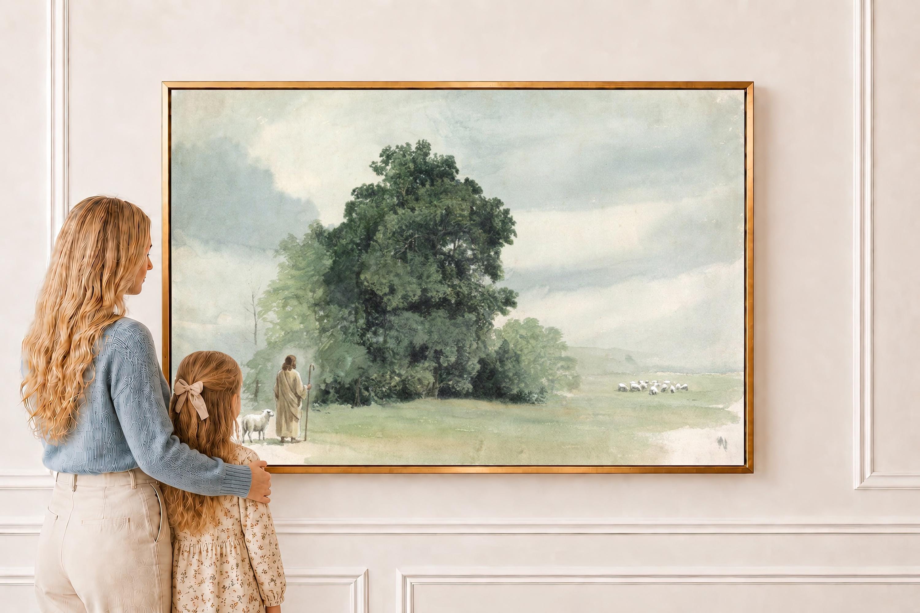 Lost Sheep Framed Canvas | Green Hill Trees Christian Wall Art Print | Vintage Christian Wall Art | Faith Gift | L0004