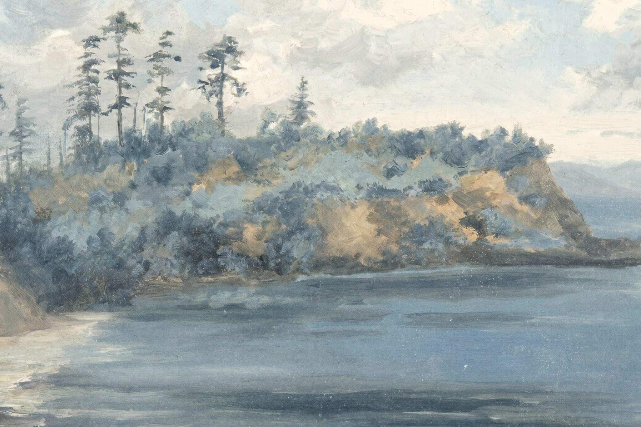 Coastal Landscape Wall Art | Soft Blue Vintage Print | Neutral Cottage Decor | Moody Seascape Painting | P0012