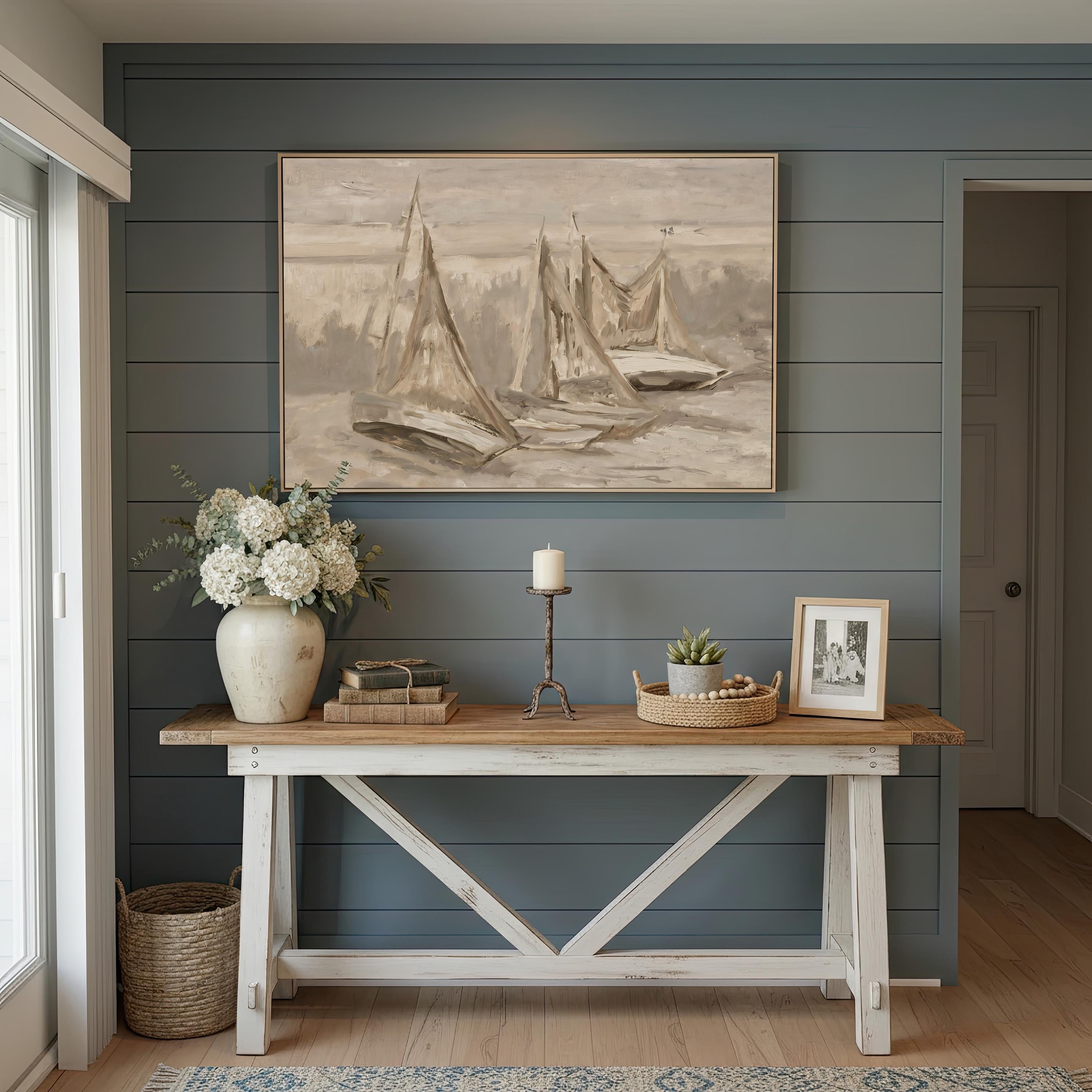 Neutral Sailboat Wall Art, Minimal Coastal Painting, Beige Nautical Canvas Print, Serene Ocean Artwork, Modern Beach House Decor