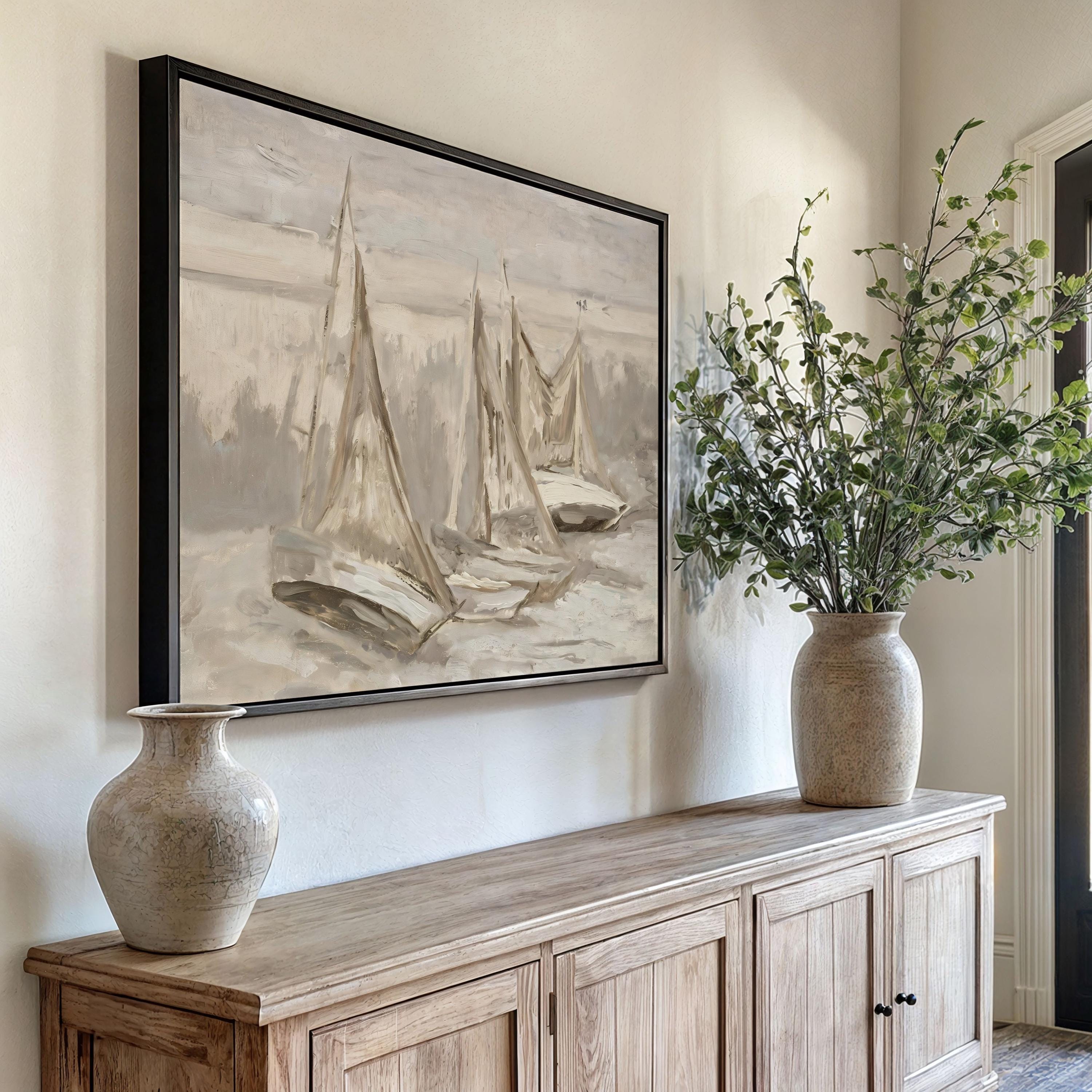 Neutral Sailboat Wall Art, Minimal Coastal Painting, Beige Nautical Canvas Print, Serene Ocean Artwork, Modern Beach House Decor