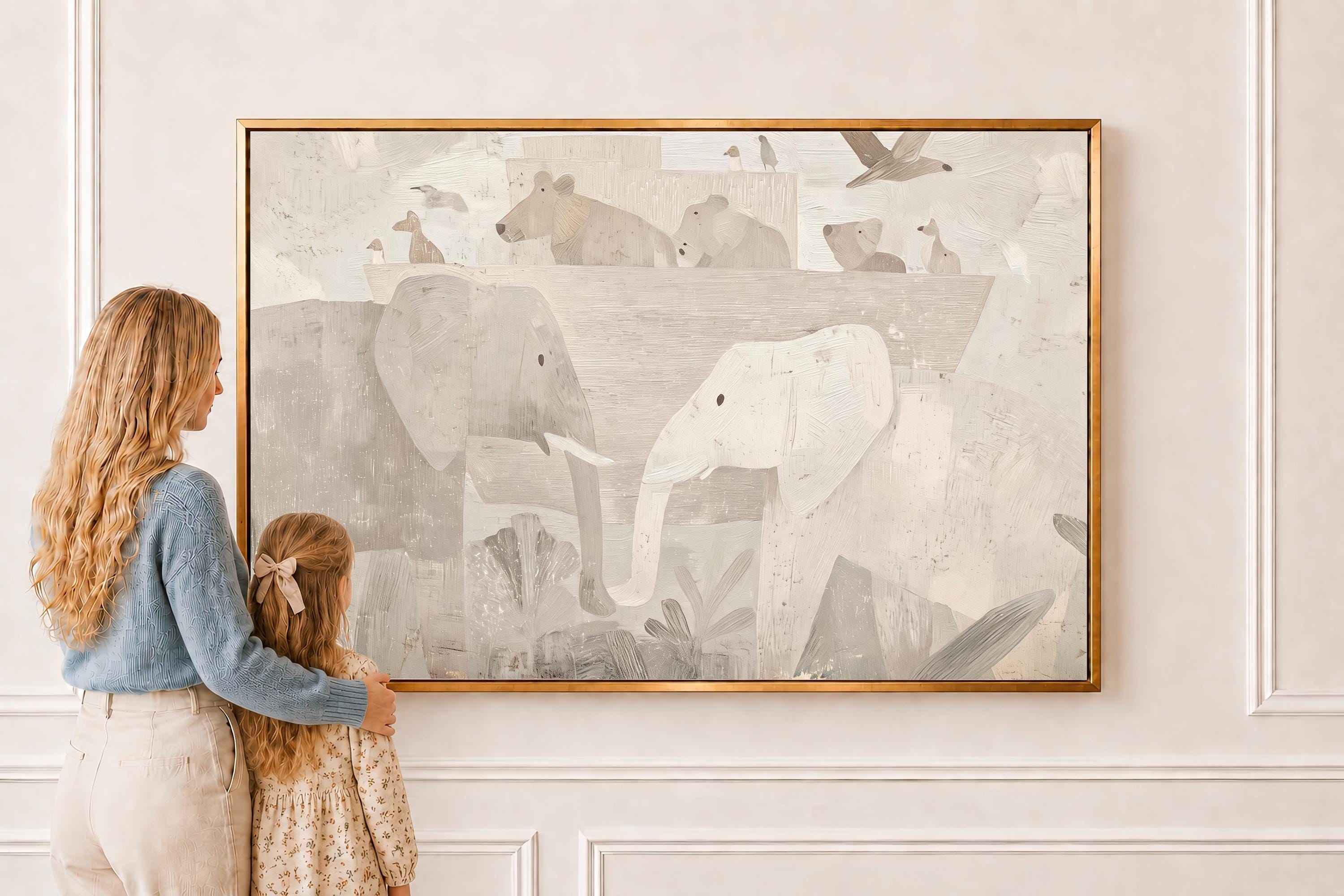 Noah’s Ark Neutral Nursery Art, Christian Animal Print, Abstract Faith Kids Room Decor