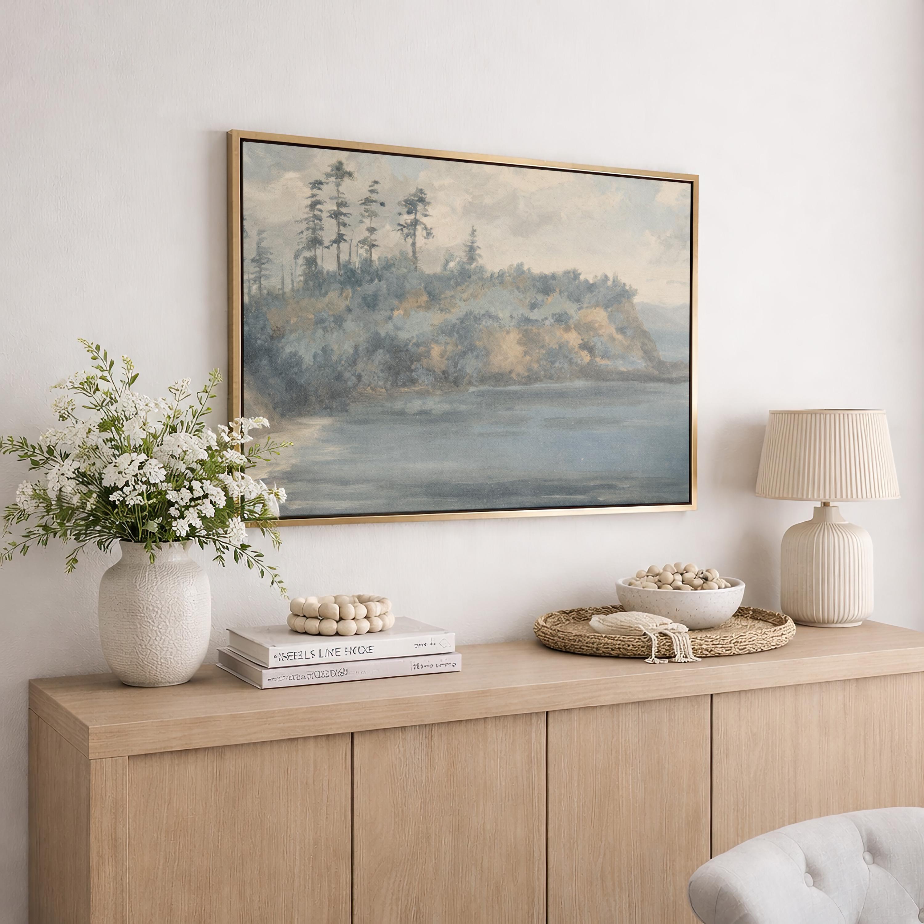 Coastal Landscape Wall Art | Soft Blue Vintage Print | Neutral Cottage Decor | Moody Seascape Painting | P0012