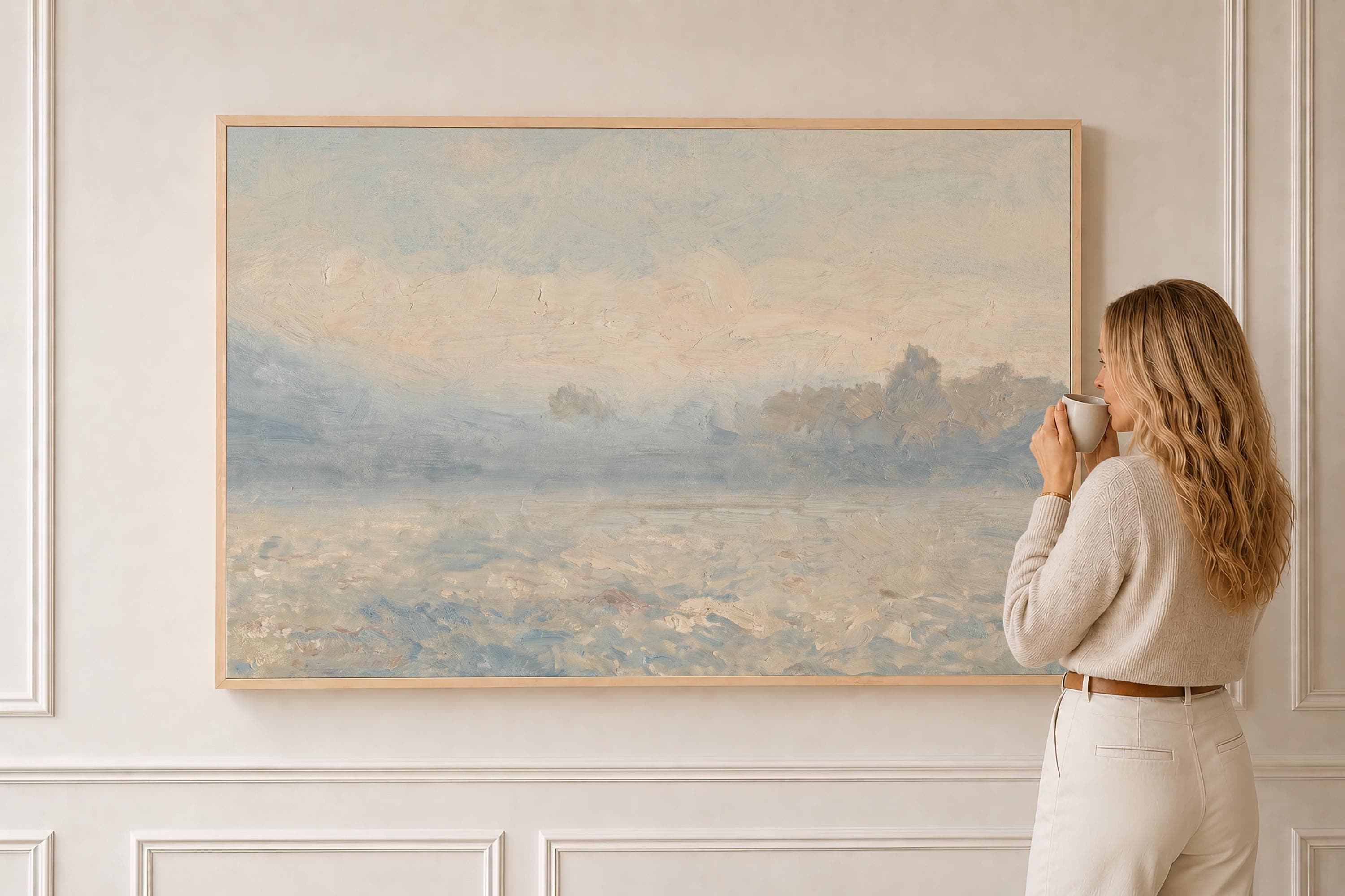 Powder Blue Landscape Wall Art | Blue Ivory Painting | Coastal Farmhouse Art | Bedroom Living Room Wall Decor | P0014