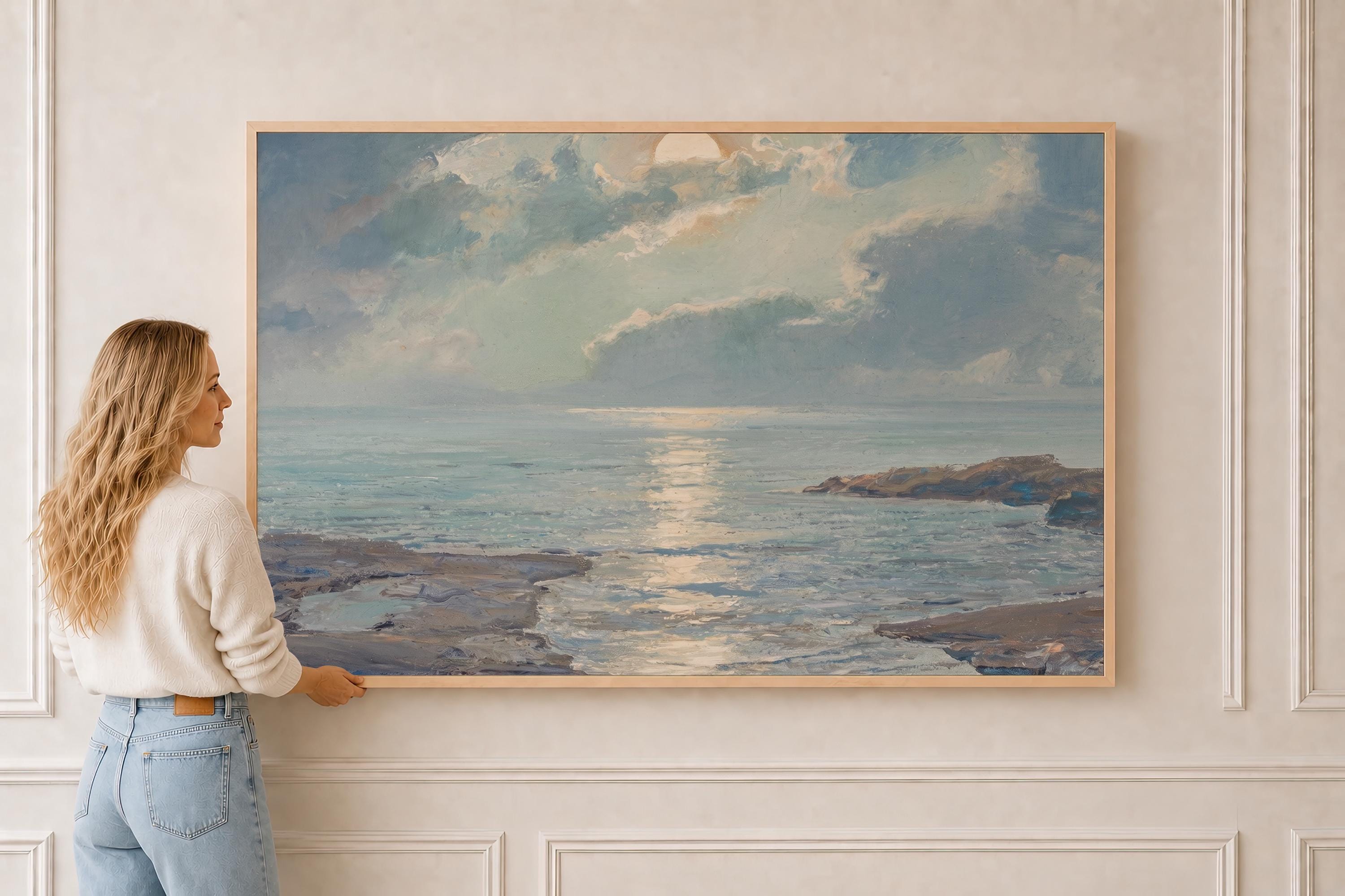 Ocean Landscape Wall Art | Blue Seascape Print | Coastal Cottage Decor | Neutral Beach Painting | Living Room Wall Art | P0013