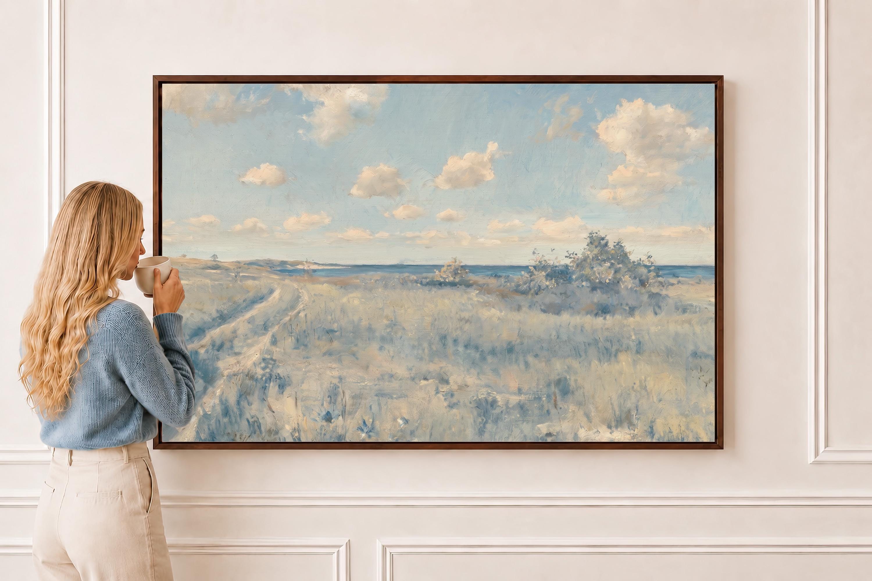 Countryside Landscape Wall Art | Blue Meadow Painting | Cottagecore Wall Decor | Neutral Farmhouse Artwork | Country Road Print | P0005