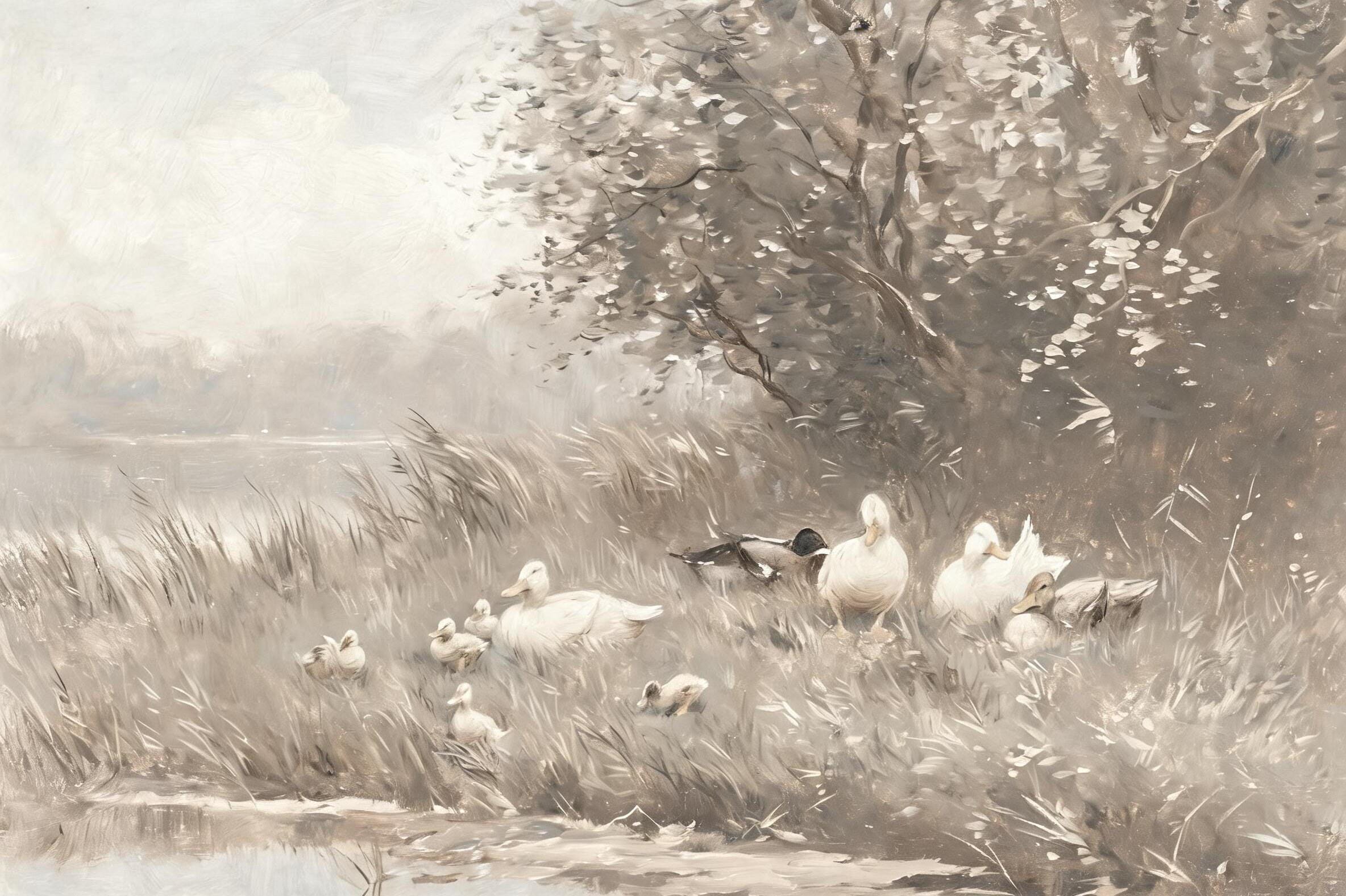 Vintage Duck Family Pond Wall Art | Neutral Wildlife Painting | Marsh Landscape Print | English Countryside Decor | G0061