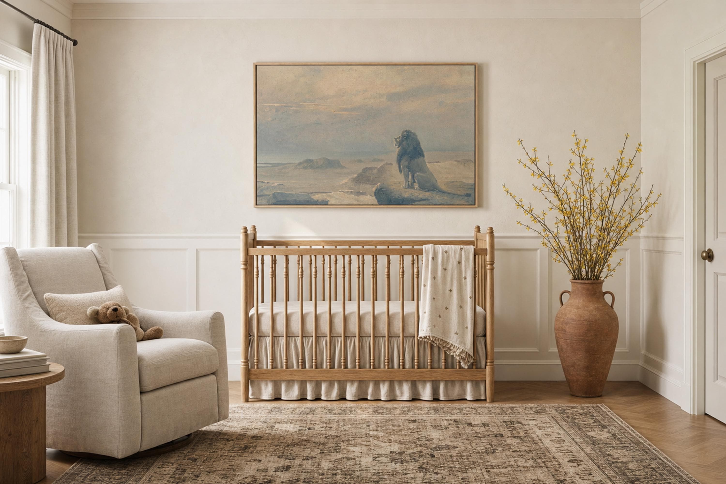 Soft Blue Lion Painting Wall Art | Vintage Safari Canvas Print | Nursery Neutral Decor | P0041