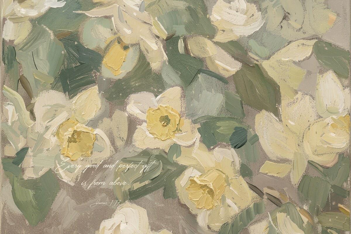 Daffodil Wall Art Print | James 1:17 Bible Verse Print | Neutral Floral Wall Decor | Soft Botanical Artwork | Christian Home Decor | W0064