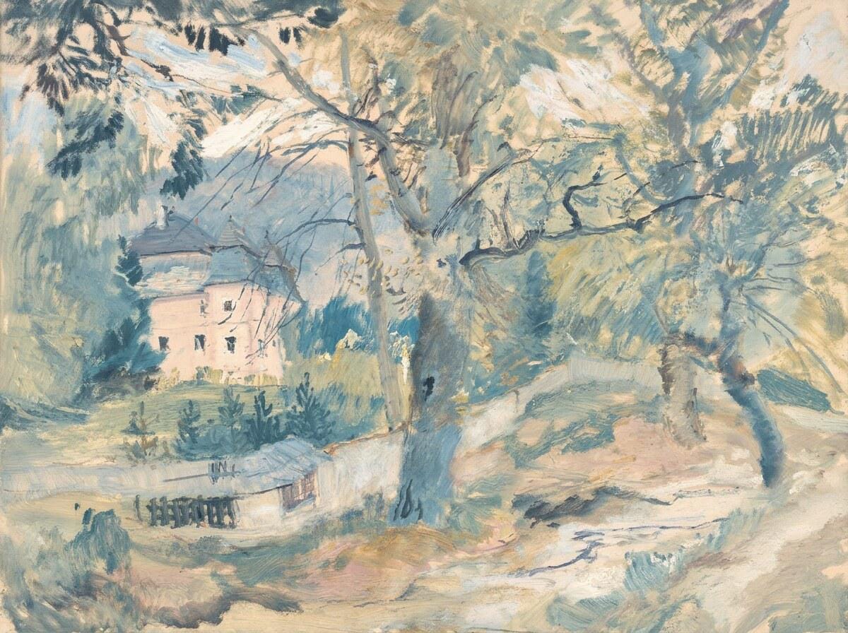 Blue Cottage Landscape Print | Soft Neutral Wall Art | Powder Blue Nature Decor | Vintage European Countryside | P0021