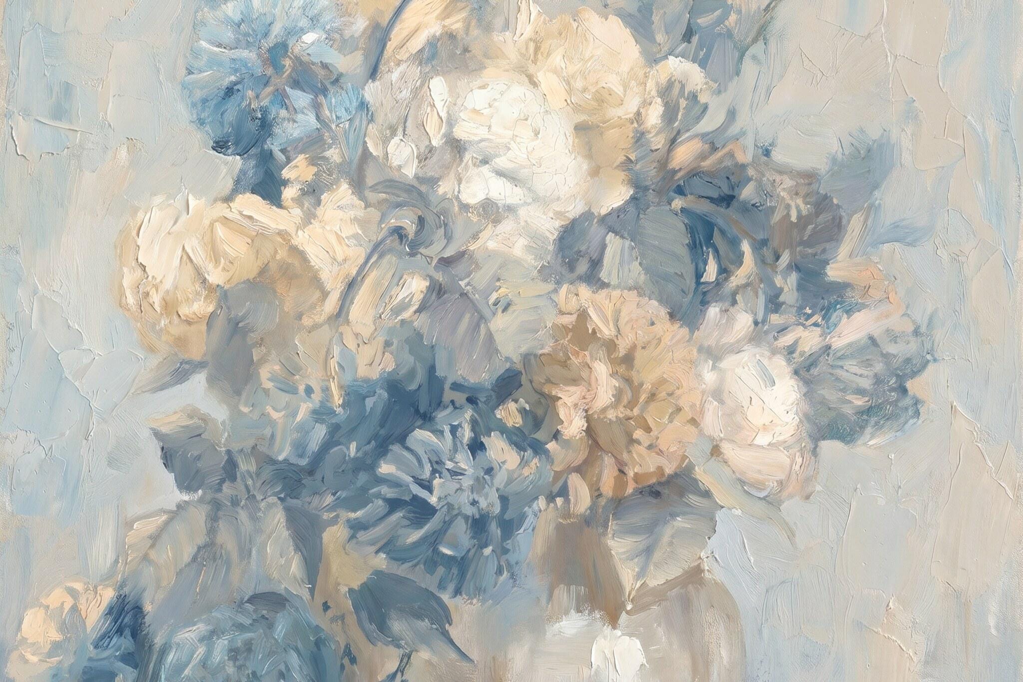 Vintage Floral Oil Painting Wall Art | Moody Blue Ivory Bouquet Print | Antique Neutral Cottage Decor | P0028