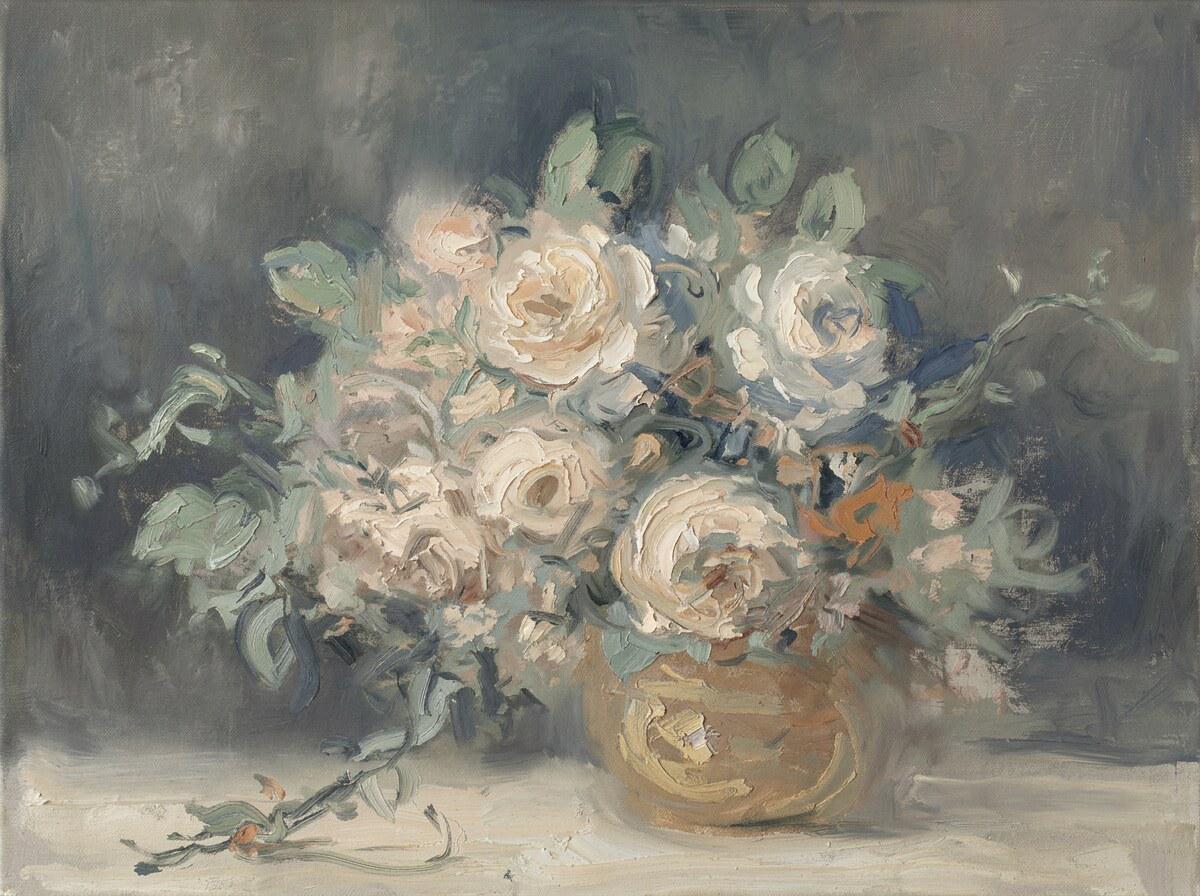 Vintage Floral Oil Wall Art | Moody Neutral Bouquet Painting | Antique Cream Rose Still Life Print | A0012