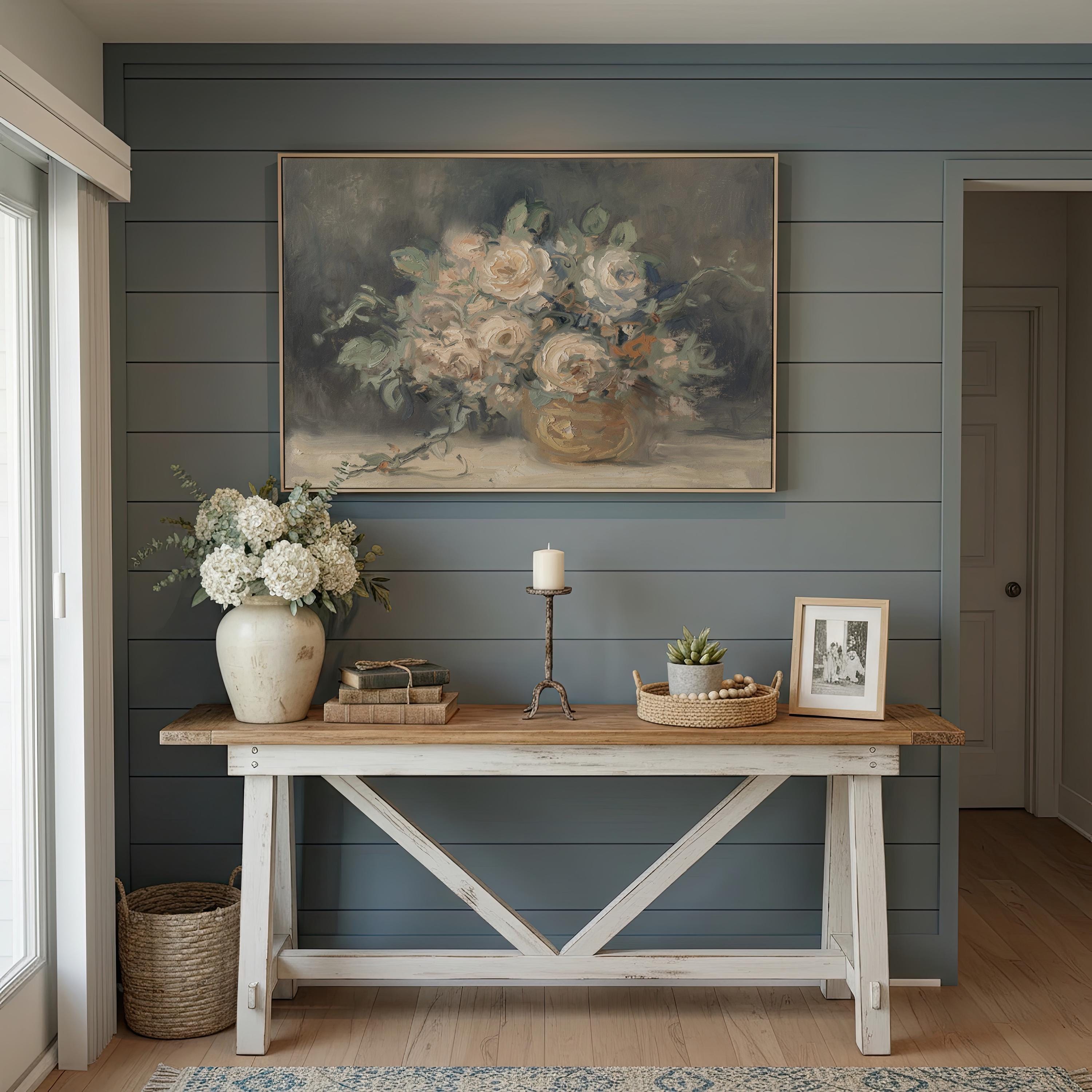 Vintage Floral Oil Wall Art | Moody Neutral Bouquet Painting | Antique Cream Rose Still Life Print | A0012