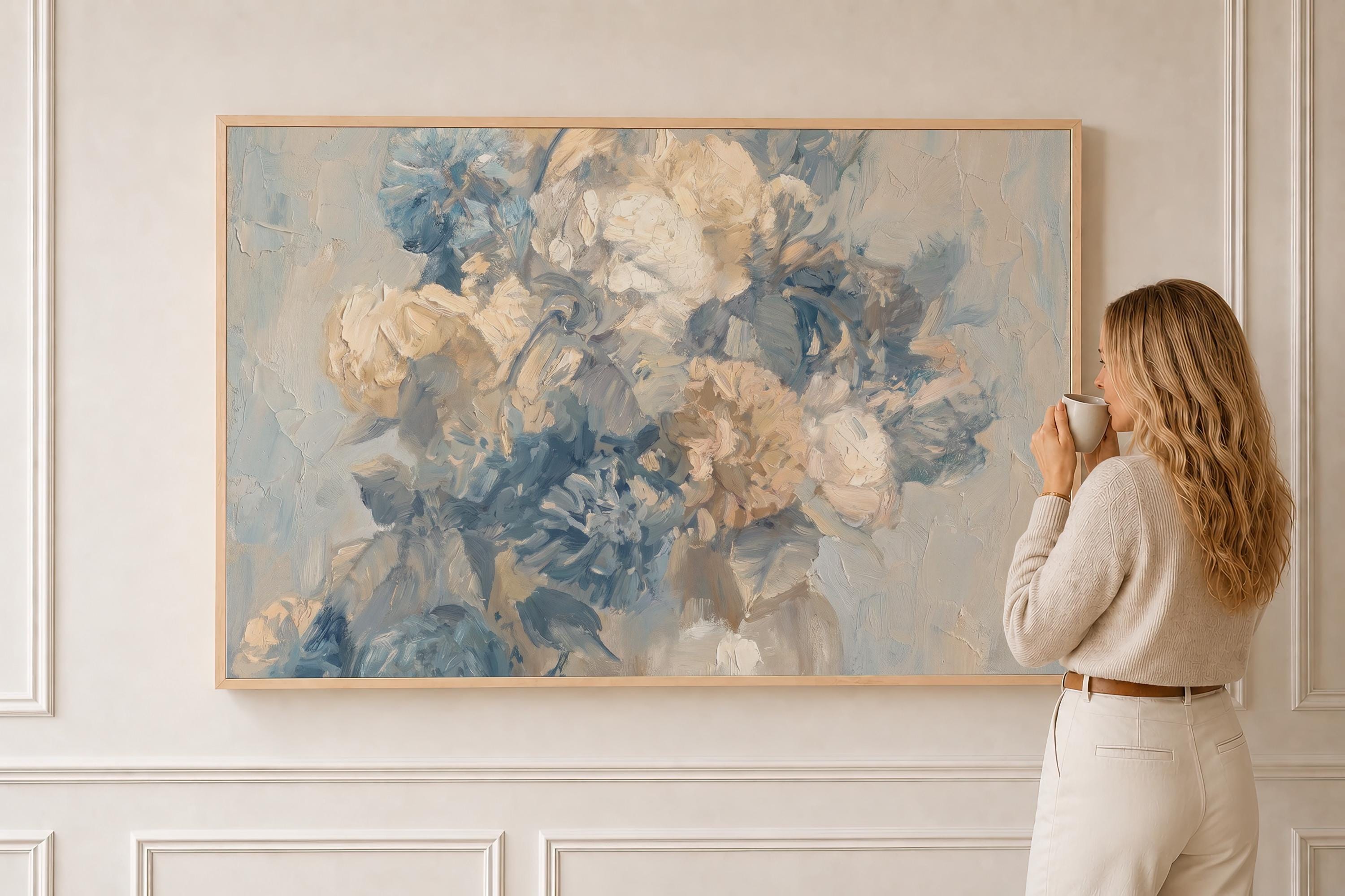 Vintage Floral Oil Painting Wall Art | Moody Blue Ivory Bouquet Print | Antique Neutral Cottage Decor | P0028