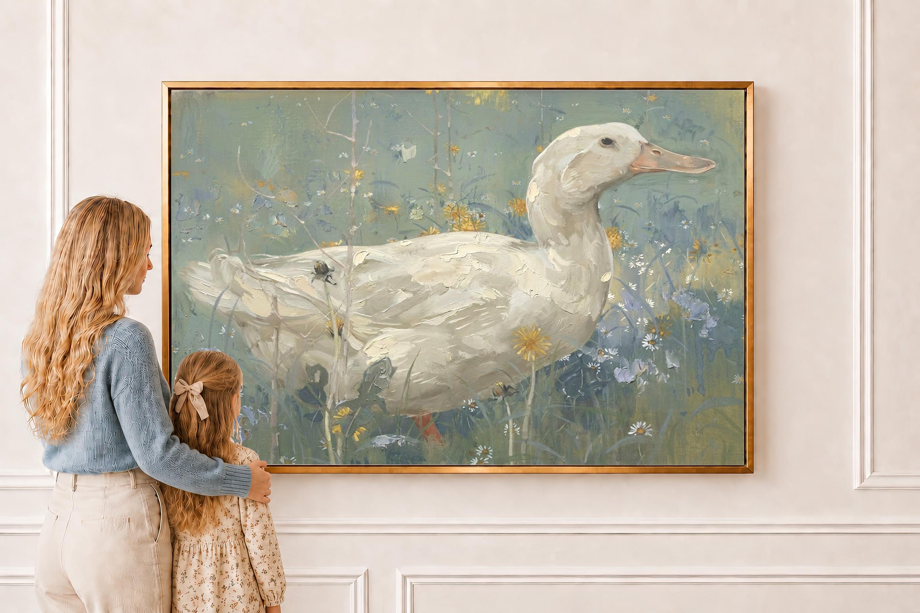 Soft Sage Duck Wall Art | Vintage Cottage Farm Painting | Neutral Country Canvas Print | A0023