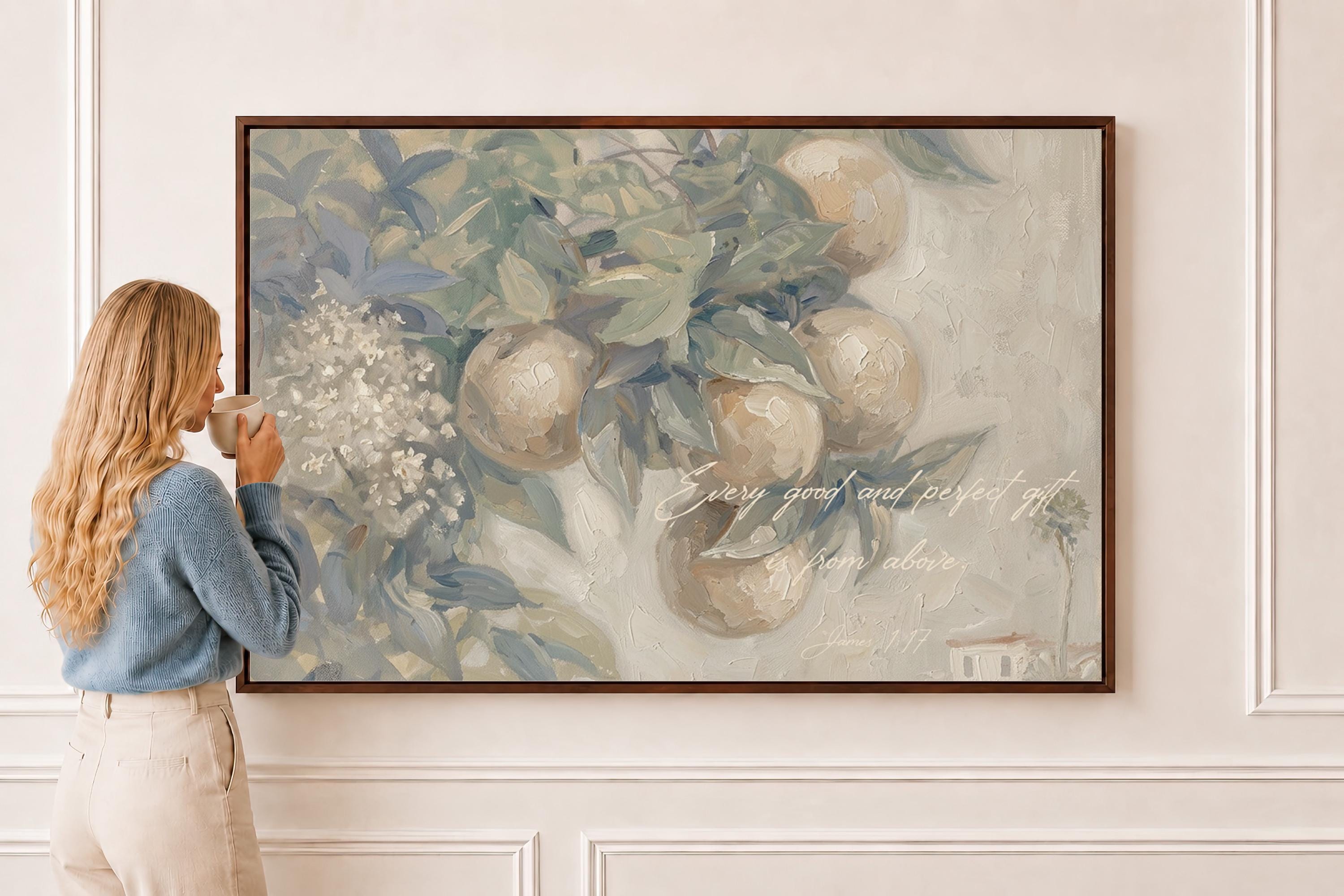 Vintage Christian Fruit Wall Art | Soft Sage Still Life Painting | Neutral Bible Verse Canvas Print | W0029