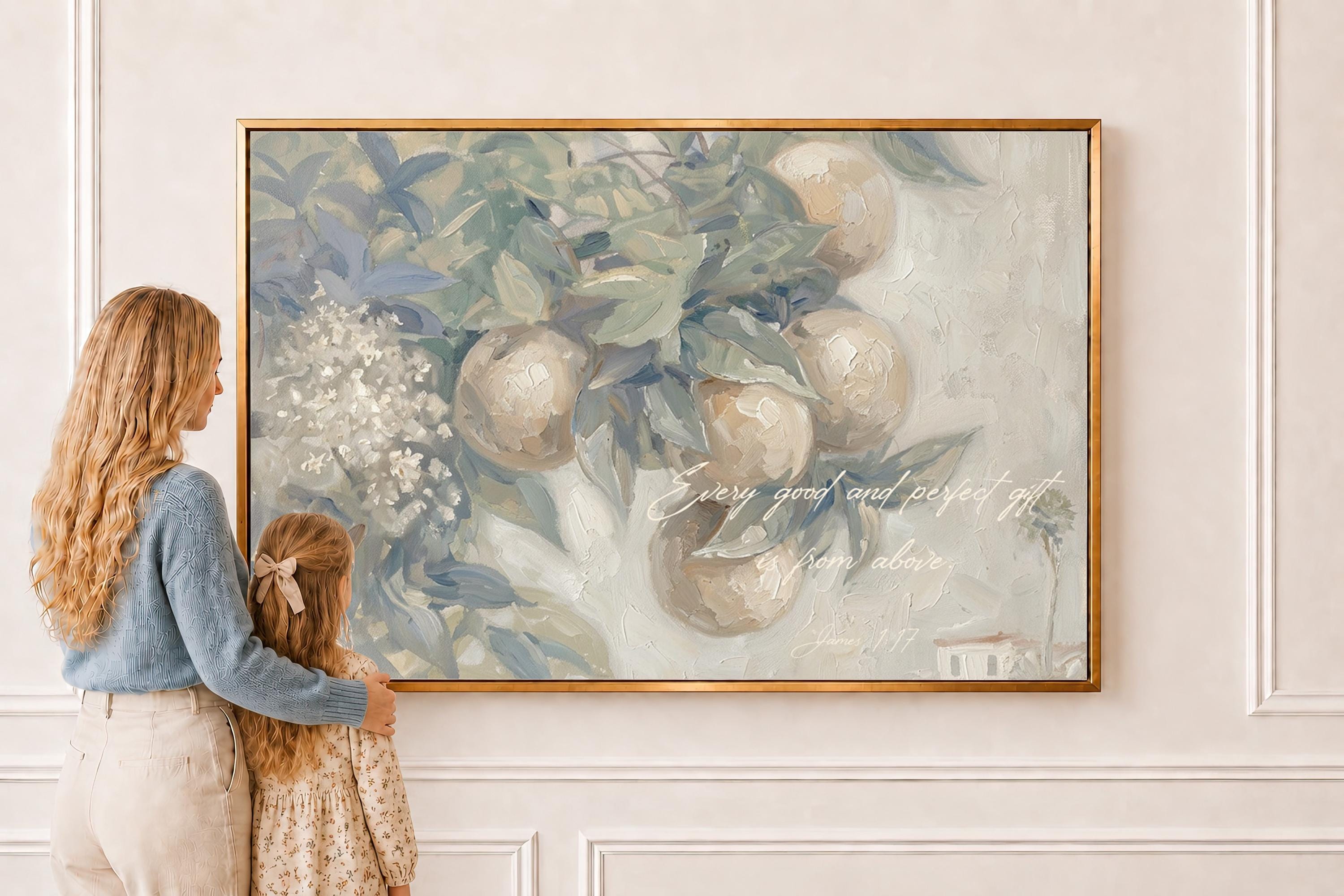 Vintage Christian Fruit Wall Art | Soft Sage Still Life Painting | Neutral Bible Verse Canvas Print | W0029