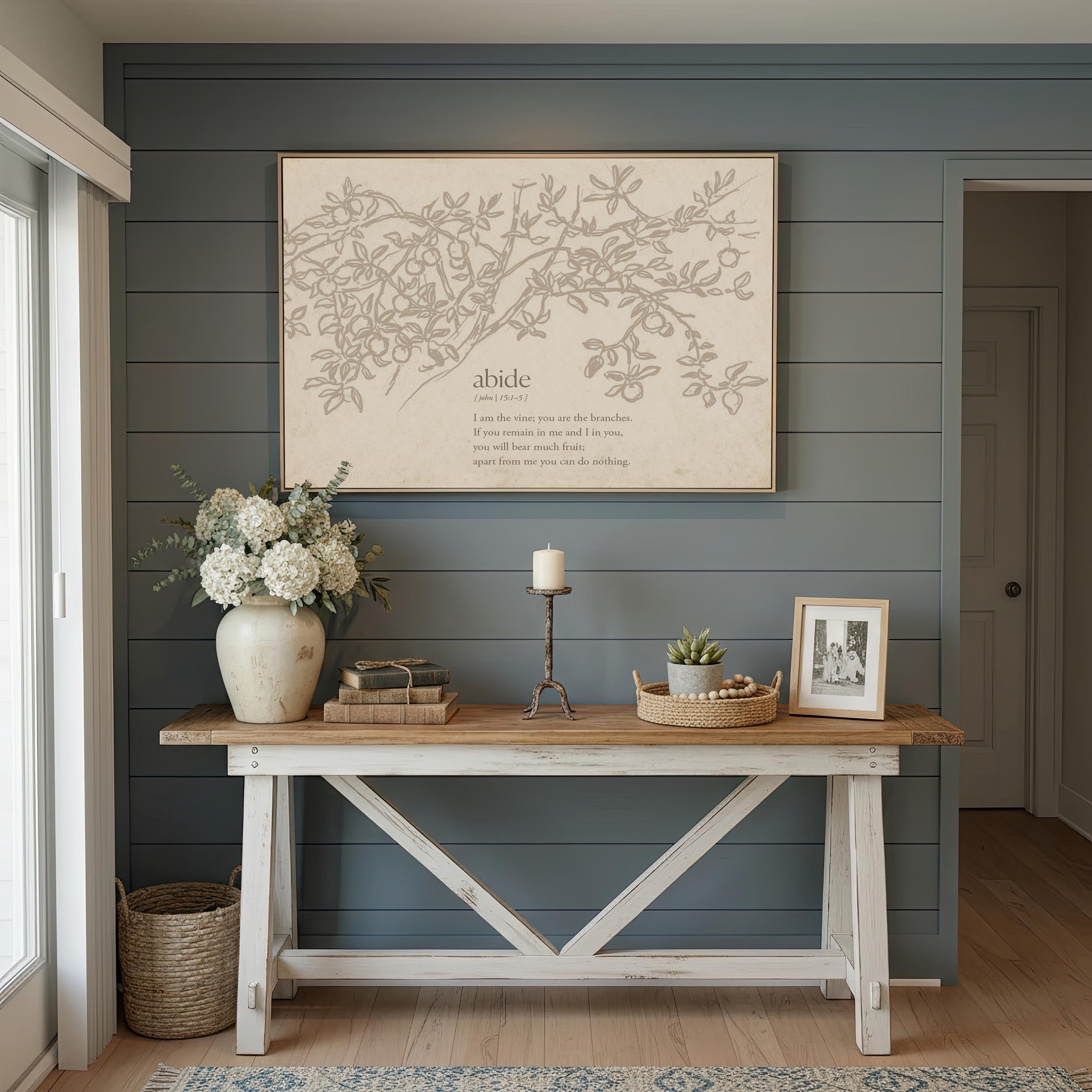Abide Scripture Wall Art, John 15:1–5 Bible Verse Print, I Am the Vine You Are the Branches Artwork, Neutral Christian Home Decor - FG413