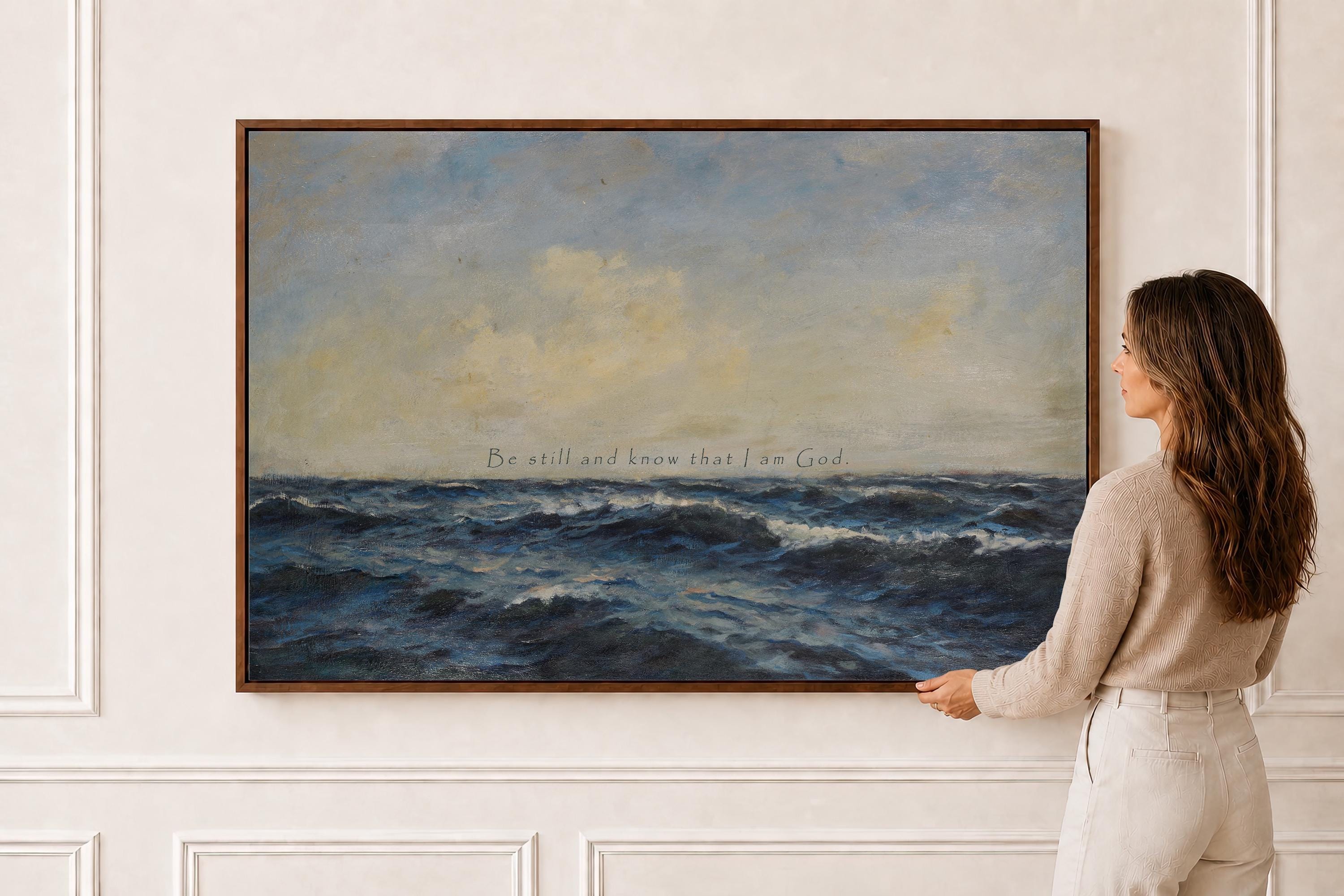 Be Still and Know Ocean Wall Art – Psalm 46:10 Scripture Print Coastal Christian Decor – Blue Beach Faith Art – Bedroom Decor – FG416
