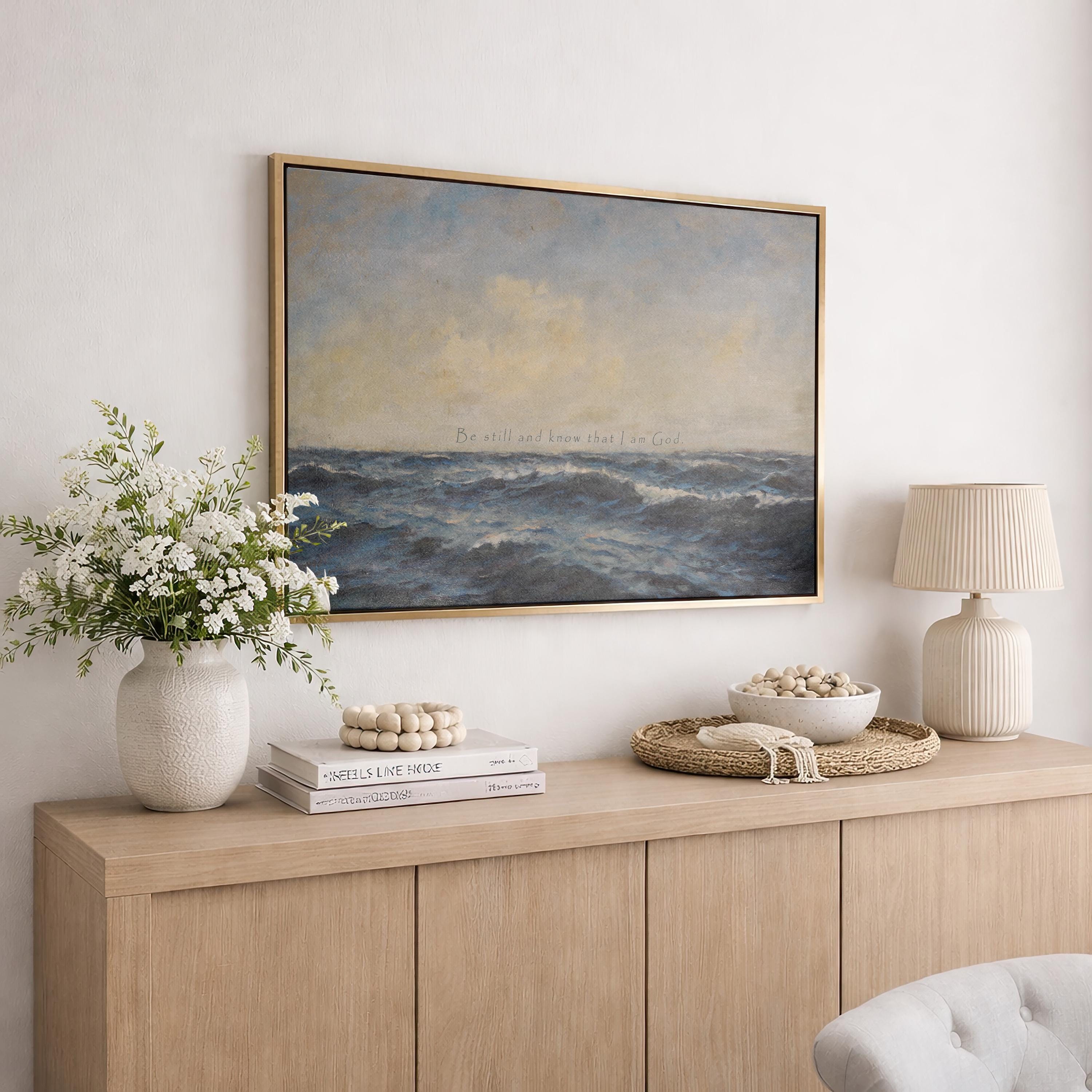 Be Still and Know Ocean Wall Art – Psalm 46:10 Scripture Print Coastal Christian Decor – Blue Beach Faith Art – Bedroom Decor – FG416
