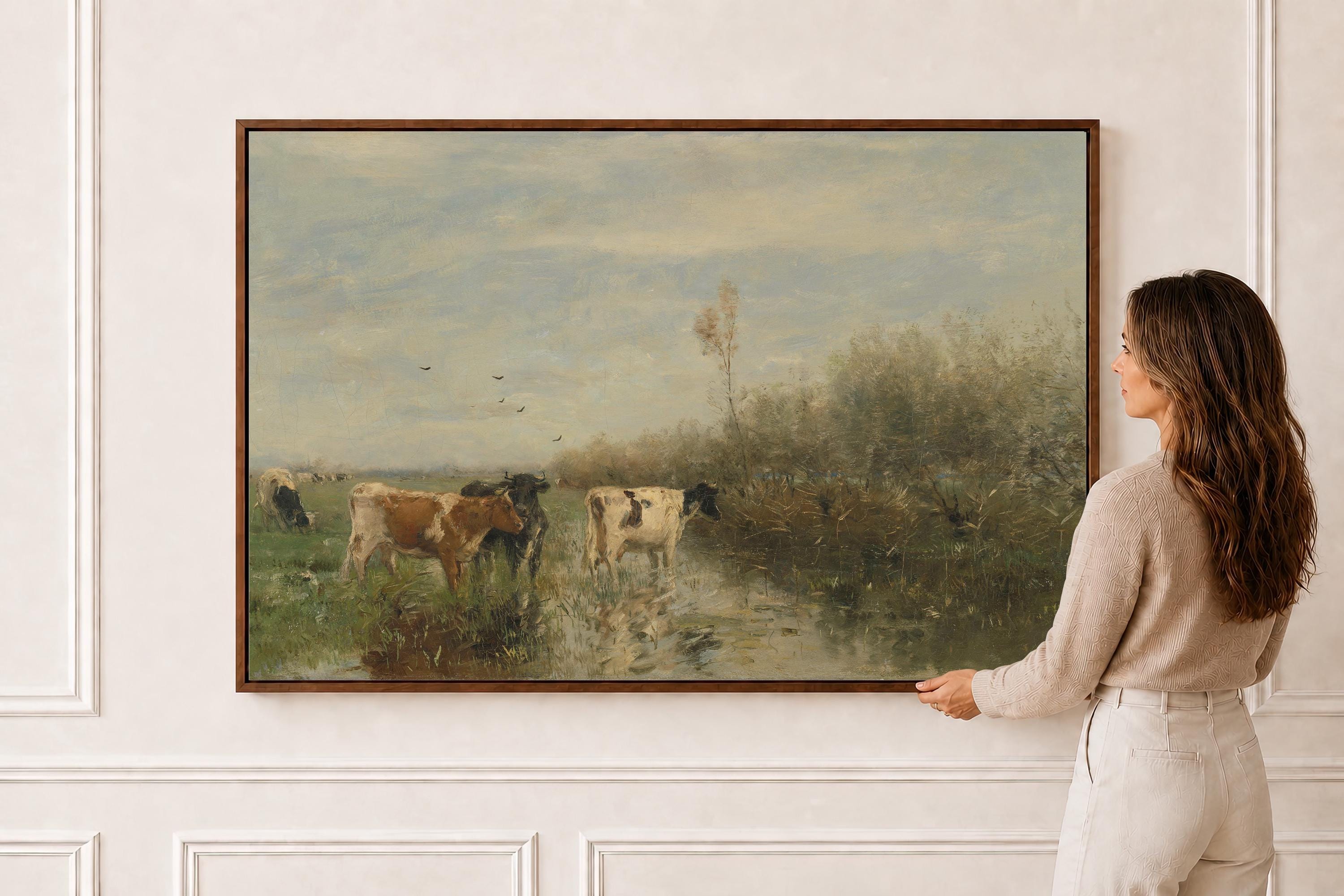 Vintage Cow Landscape Wall Art, Neutral Farmhouse Canvas Print, Rustic Country Living Room Decor, FG420