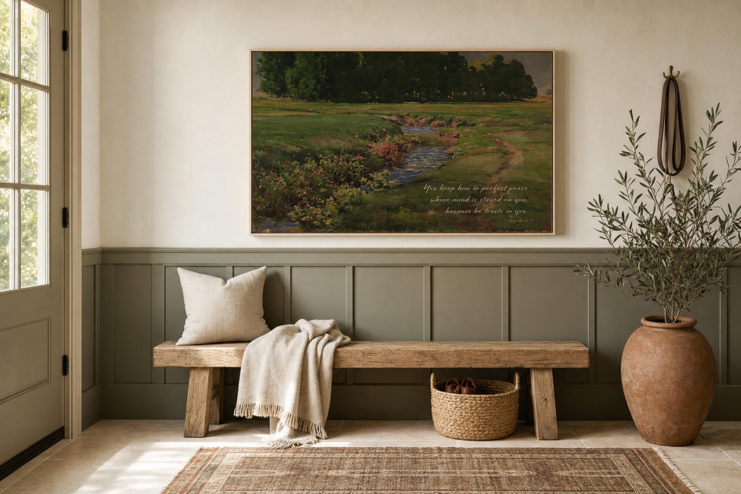 Isaiah 26:3 Scripture Landscape, Peaceful Stream Painting, Faith Inspired Nature Artwork, Christian Home Decor, FG425