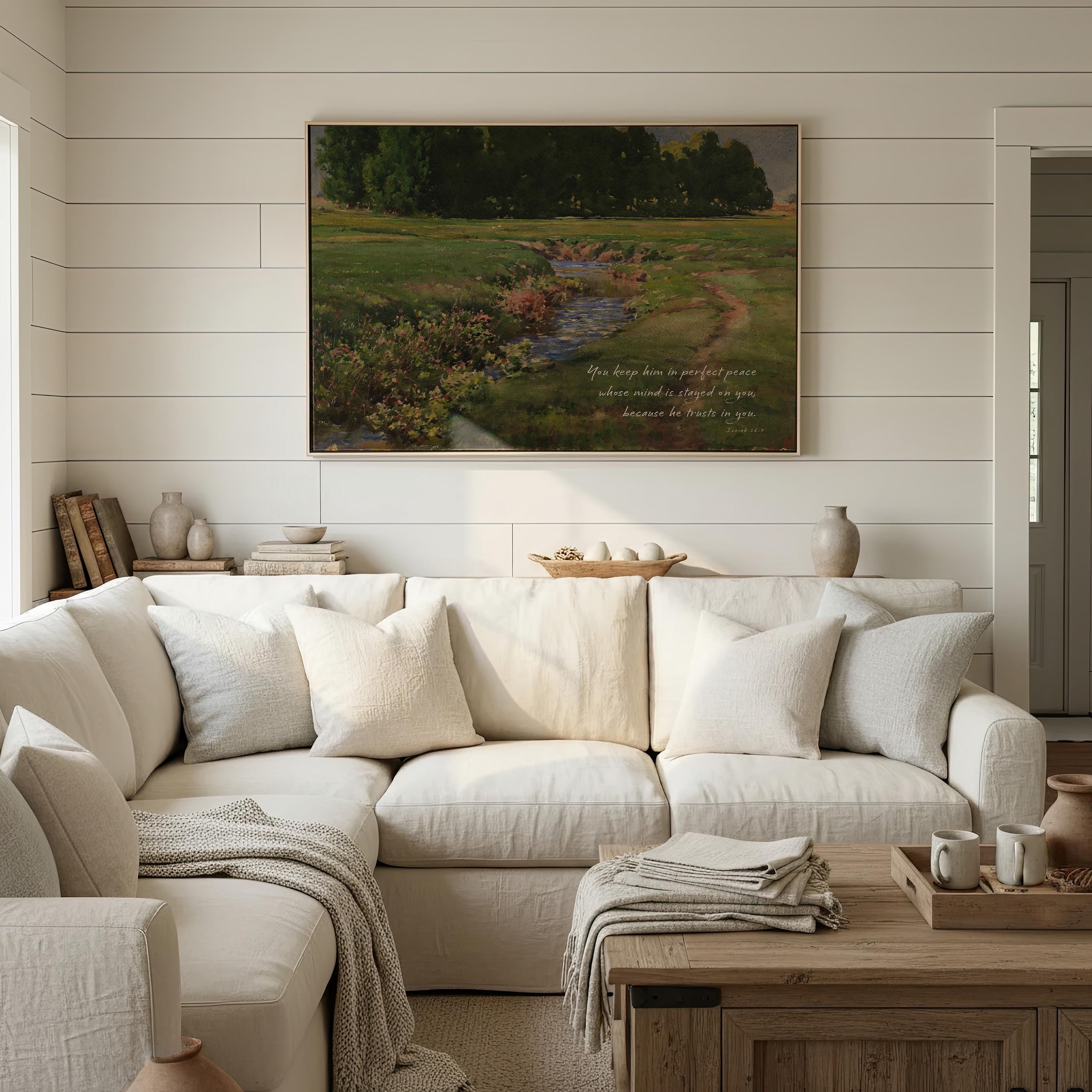 Isaiah 26:3 Scripture Landscape, Peaceful Stream Painting, Faith Inspired Nature Artwork, Christian Home Decor, FG425